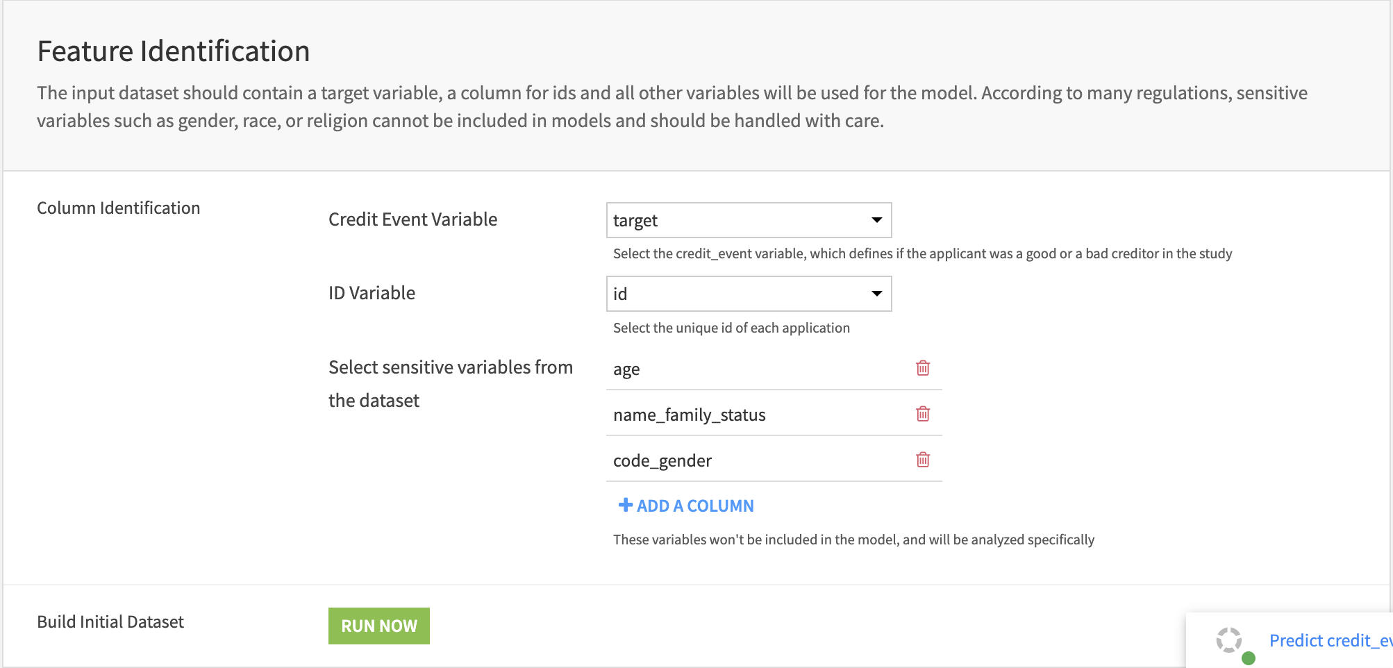 Dataiku screenshot of the Dataiku application that enables feature identification.