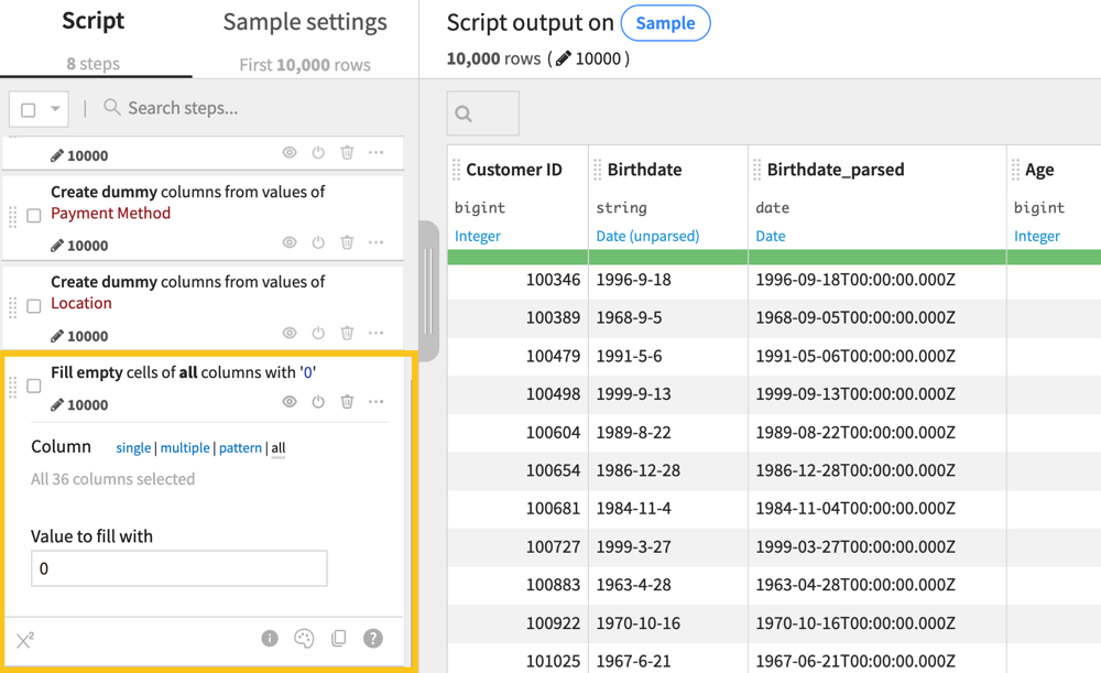 A Dataiku screenshot showing the fill empty cells step in a Prepare recipe.