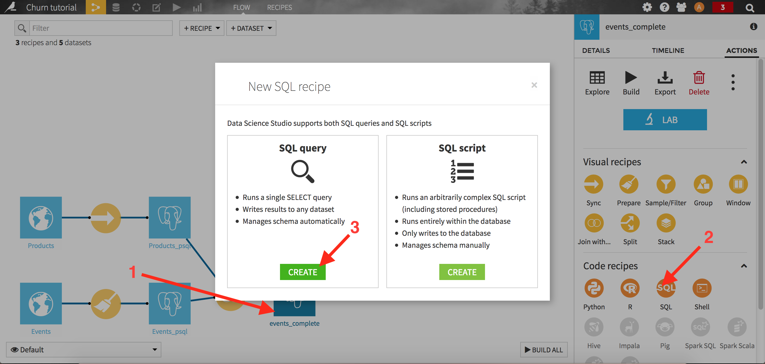 "Screenshot of new SQL recipe pop up with arrow on create SQL query"