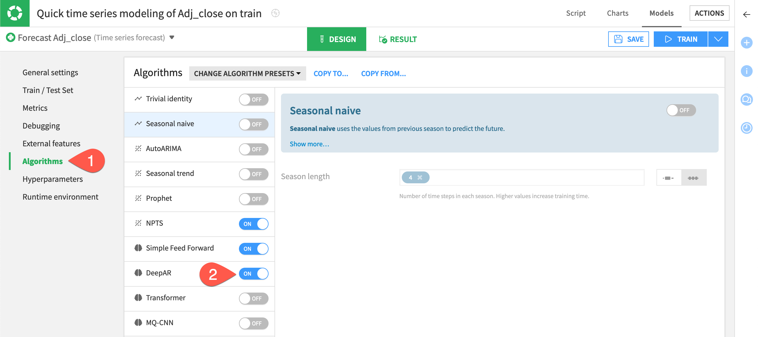 Dataiku screenshot of the algorithm settings of a time series model design.