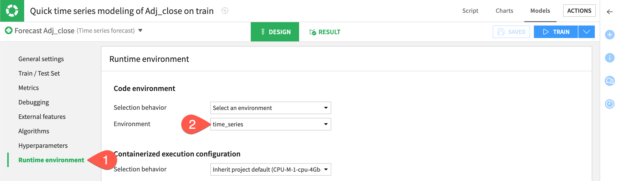 Dataiku screenshot of the runtime environment panel of a time series model.