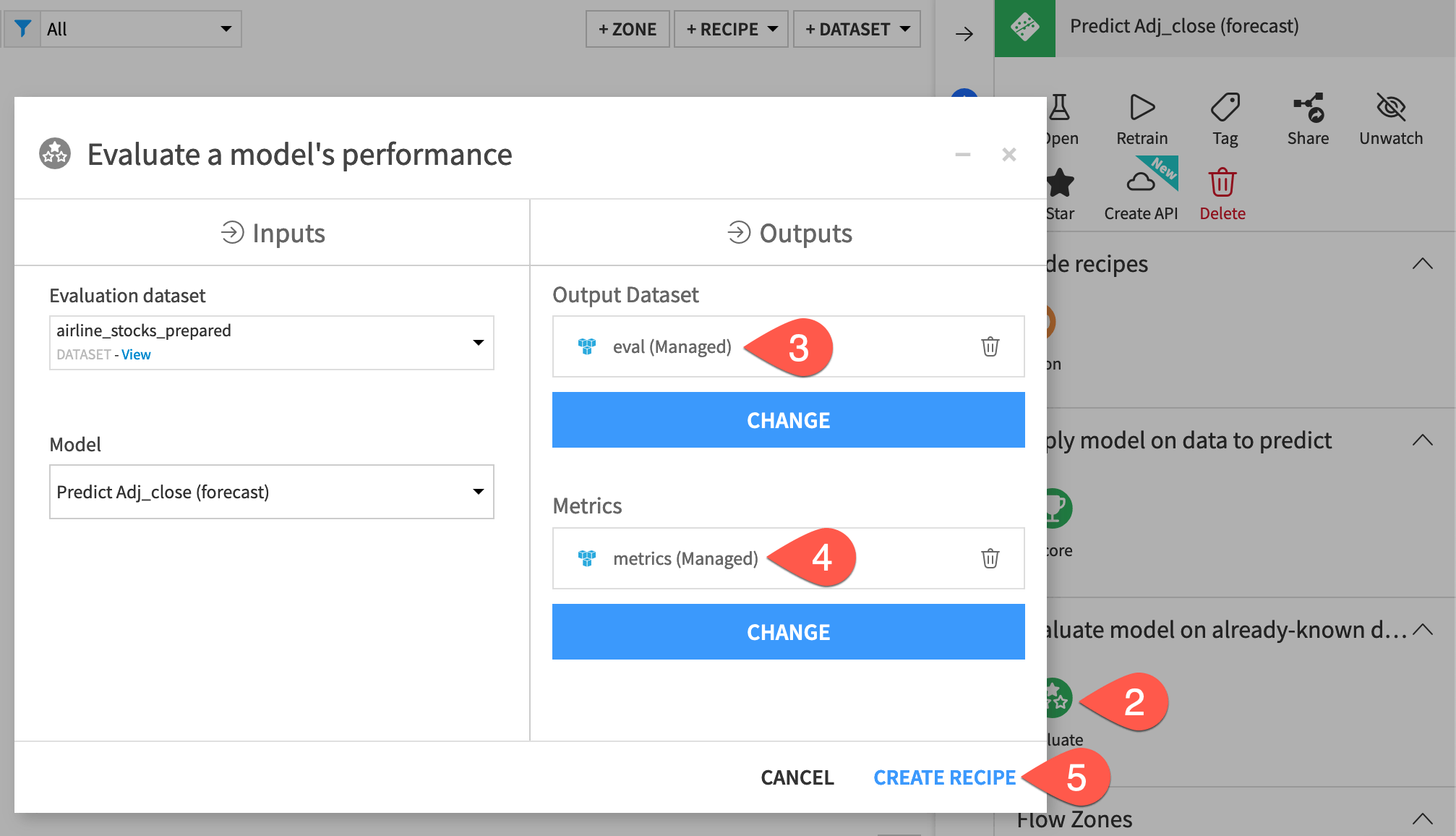 Dataiku screenshot of the dialog to create an Evaluate recipe.