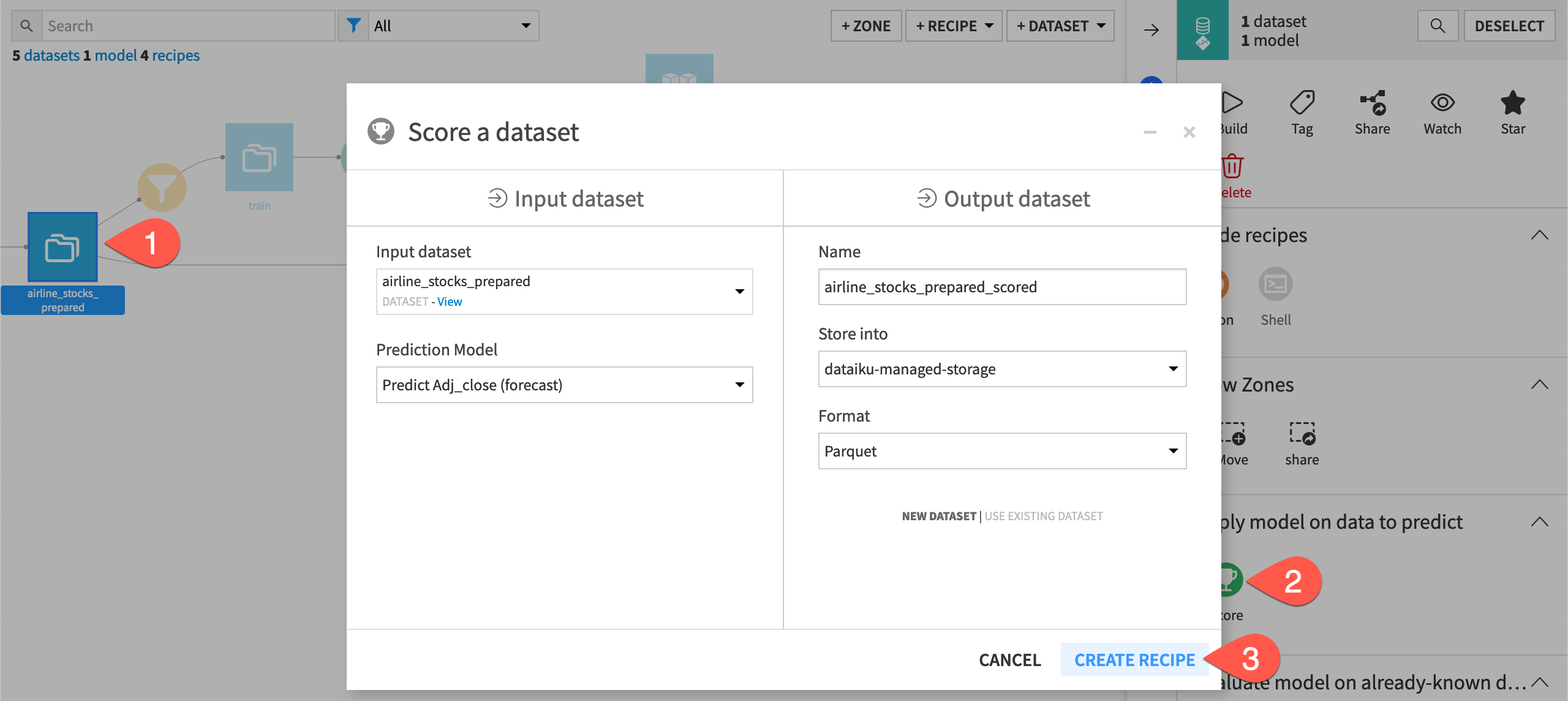 Dataiku screenshot of the dialog for a Score recipe.