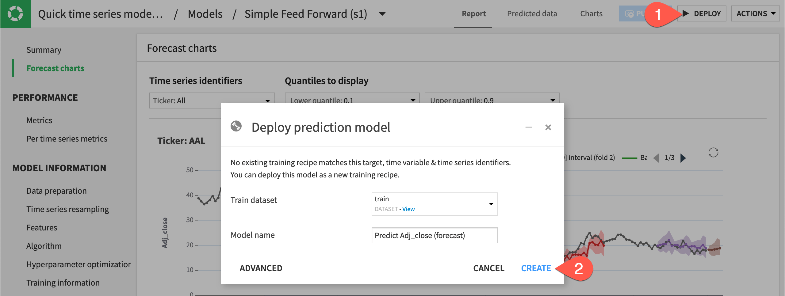 Dataiku screenshot of the dialog to deploy a prediction model.