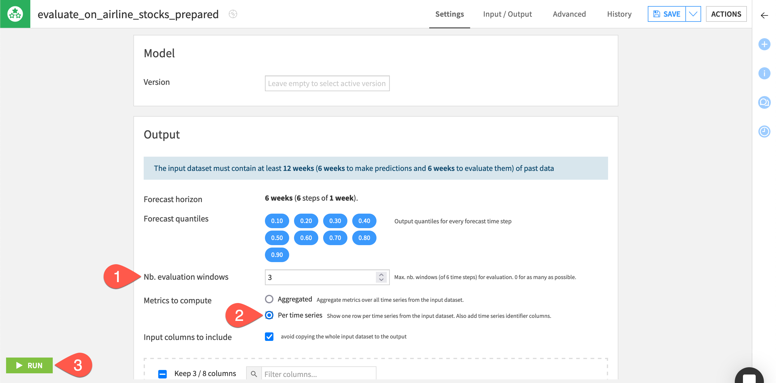 Dataiku screenshot of the settings tab of an Evaluate recipe.