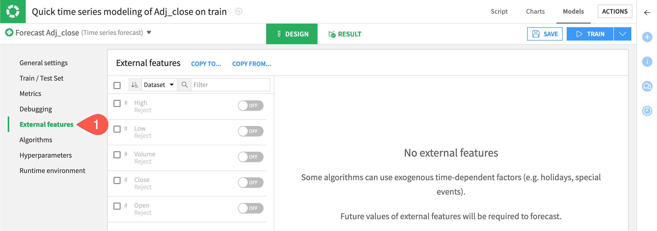 Dataiku screenshot of the external feature settings of a time series model design.