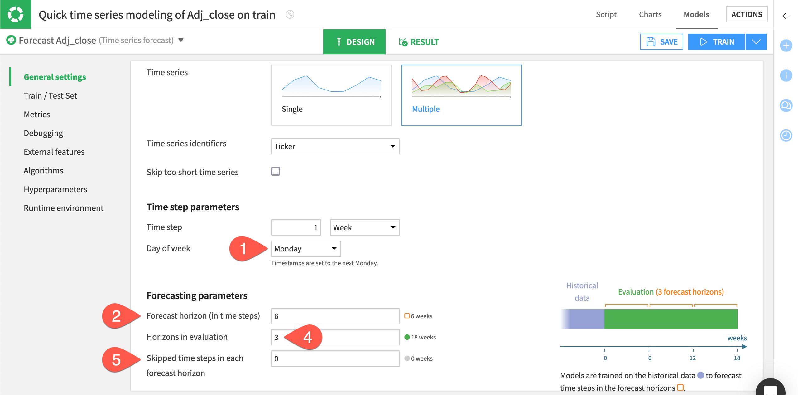 Dataiku screenshot of the general settings of a time series model design.