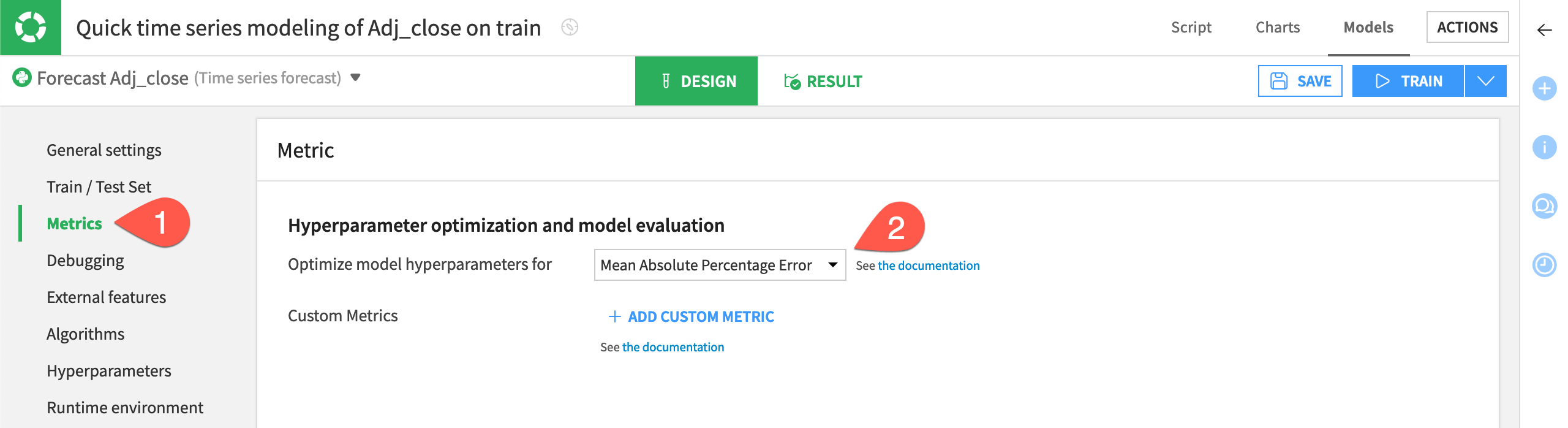 Dataiku screenshot of the metrics settings of a time series model design.