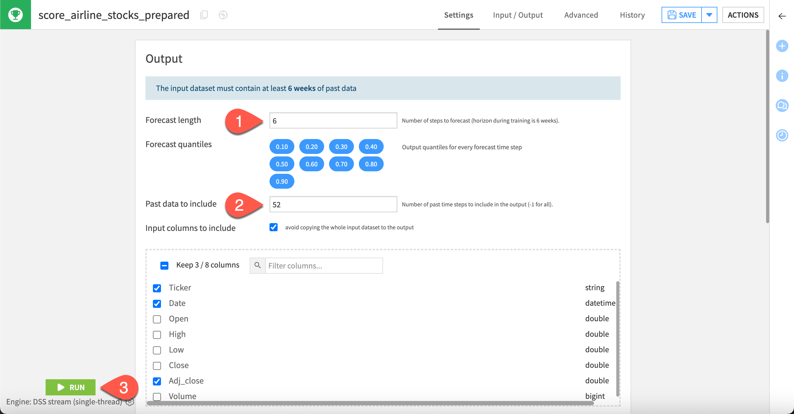Dataiku screenshot of the settings tab of a Score recipe.