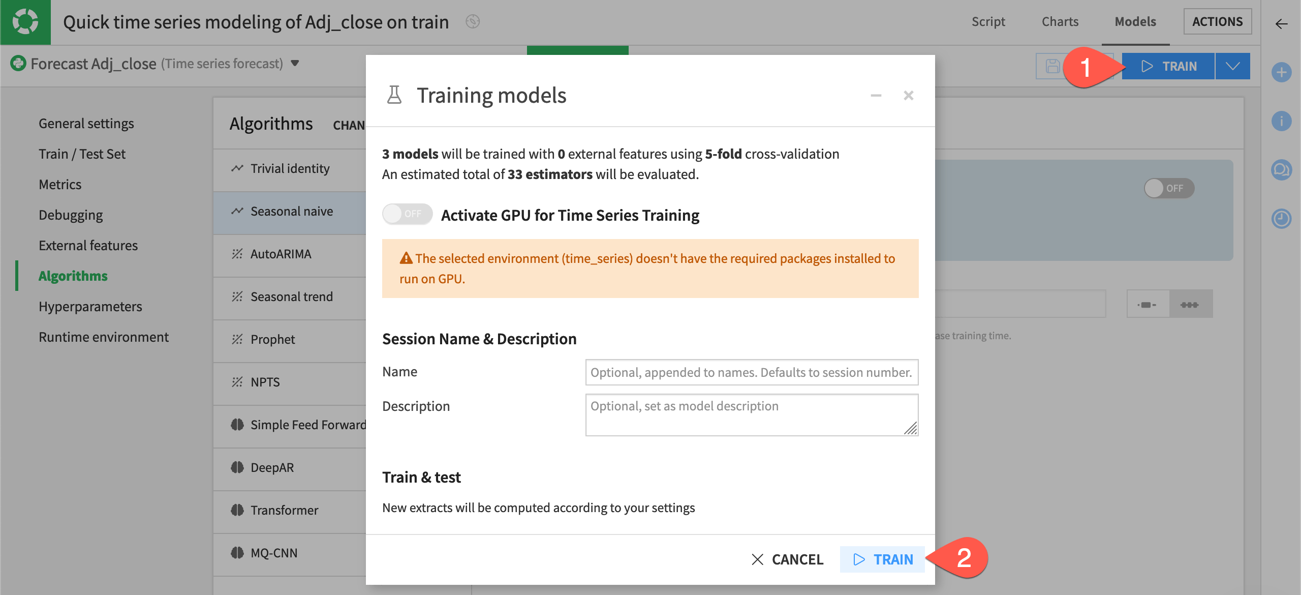 Dataiku screenshot of the dialog to train a time series forecasting model.