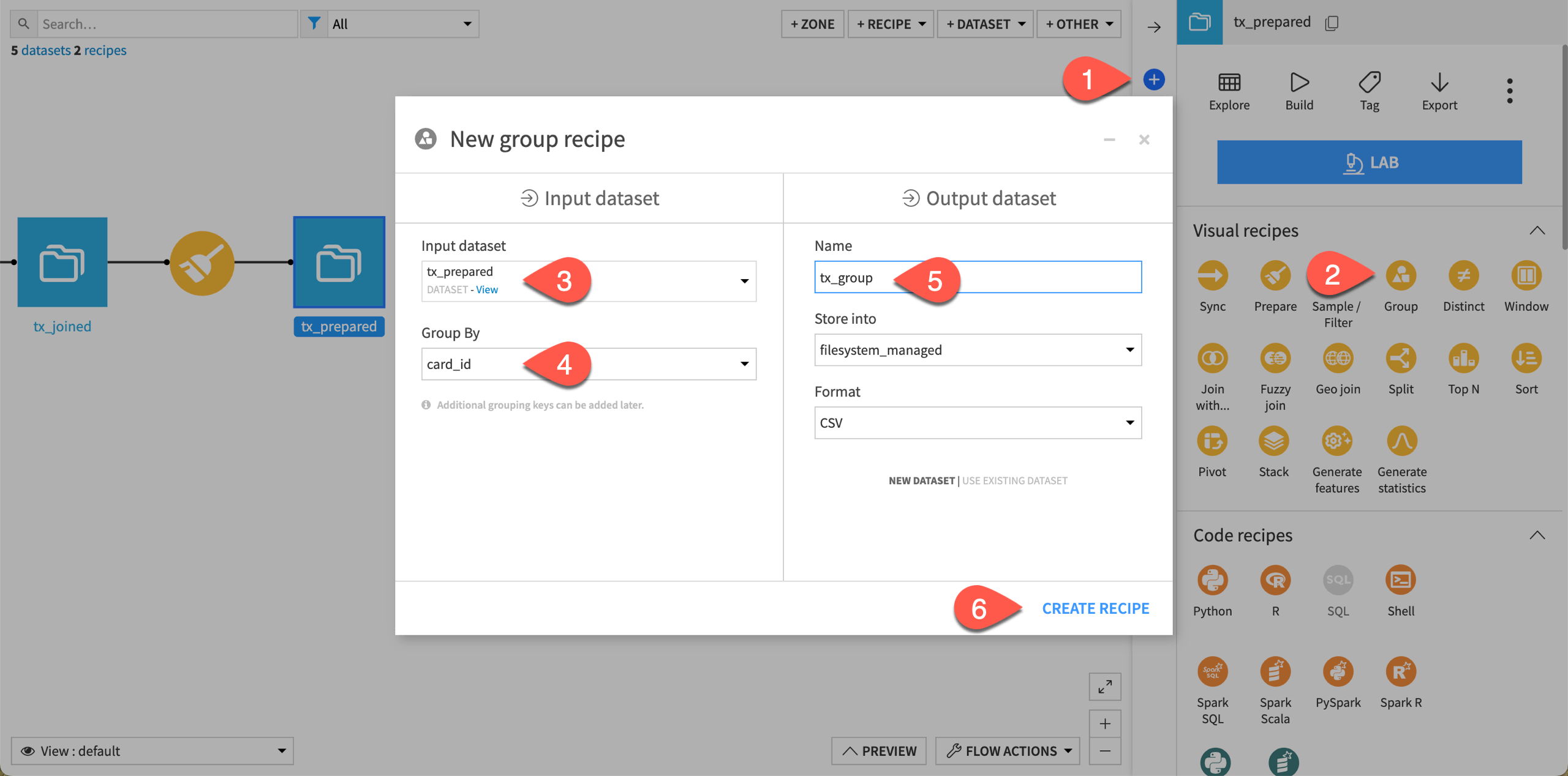 Dataiku screenshot of how to create the Group recipe.