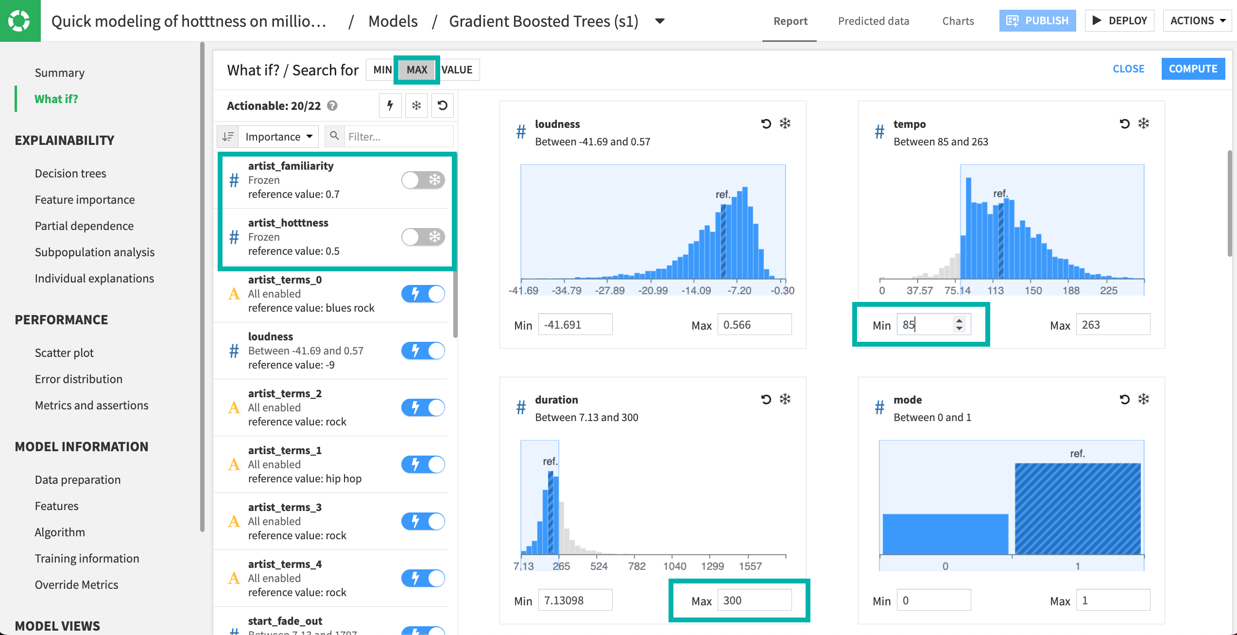 The settings to search for in outcome optimization.