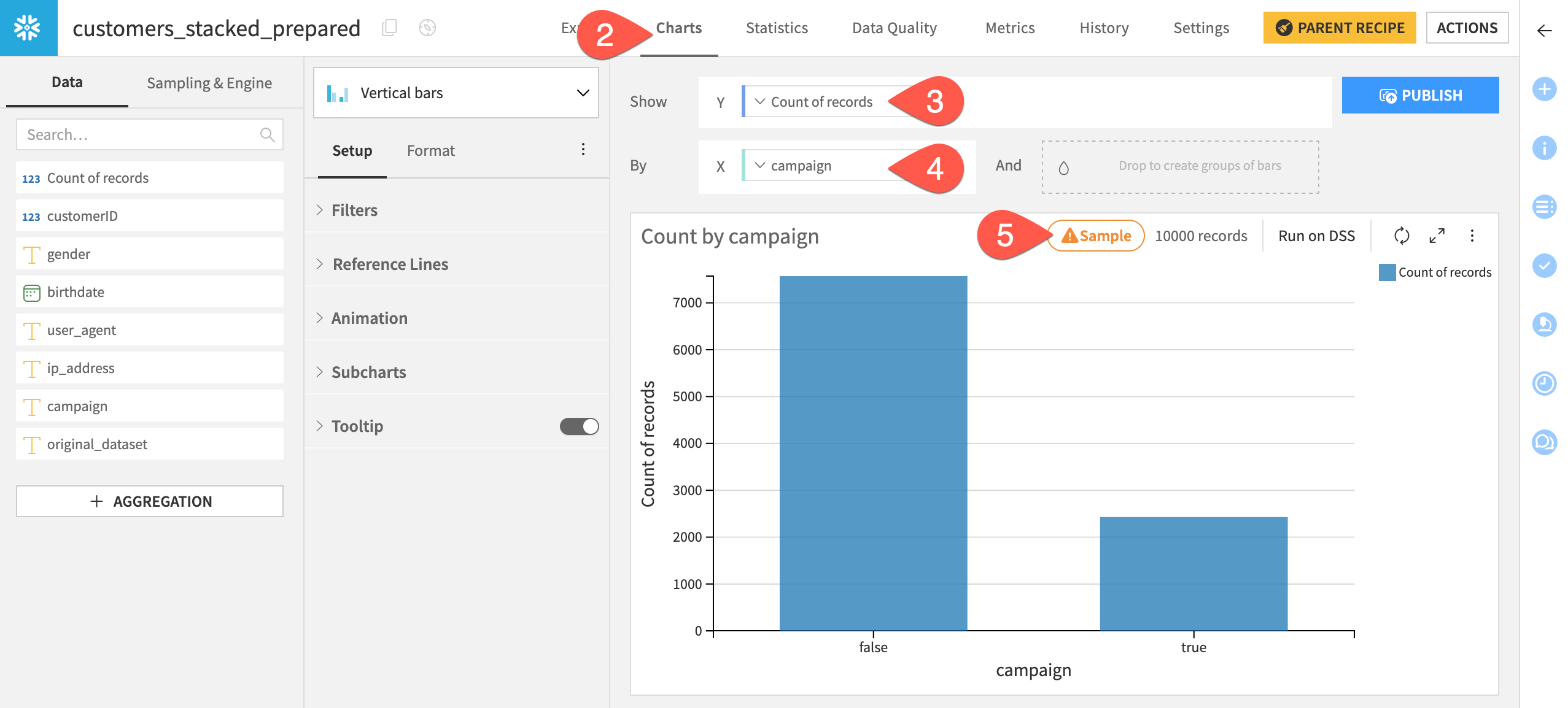 Dataiku screenshot of a basic chart on a sample of a dataset.