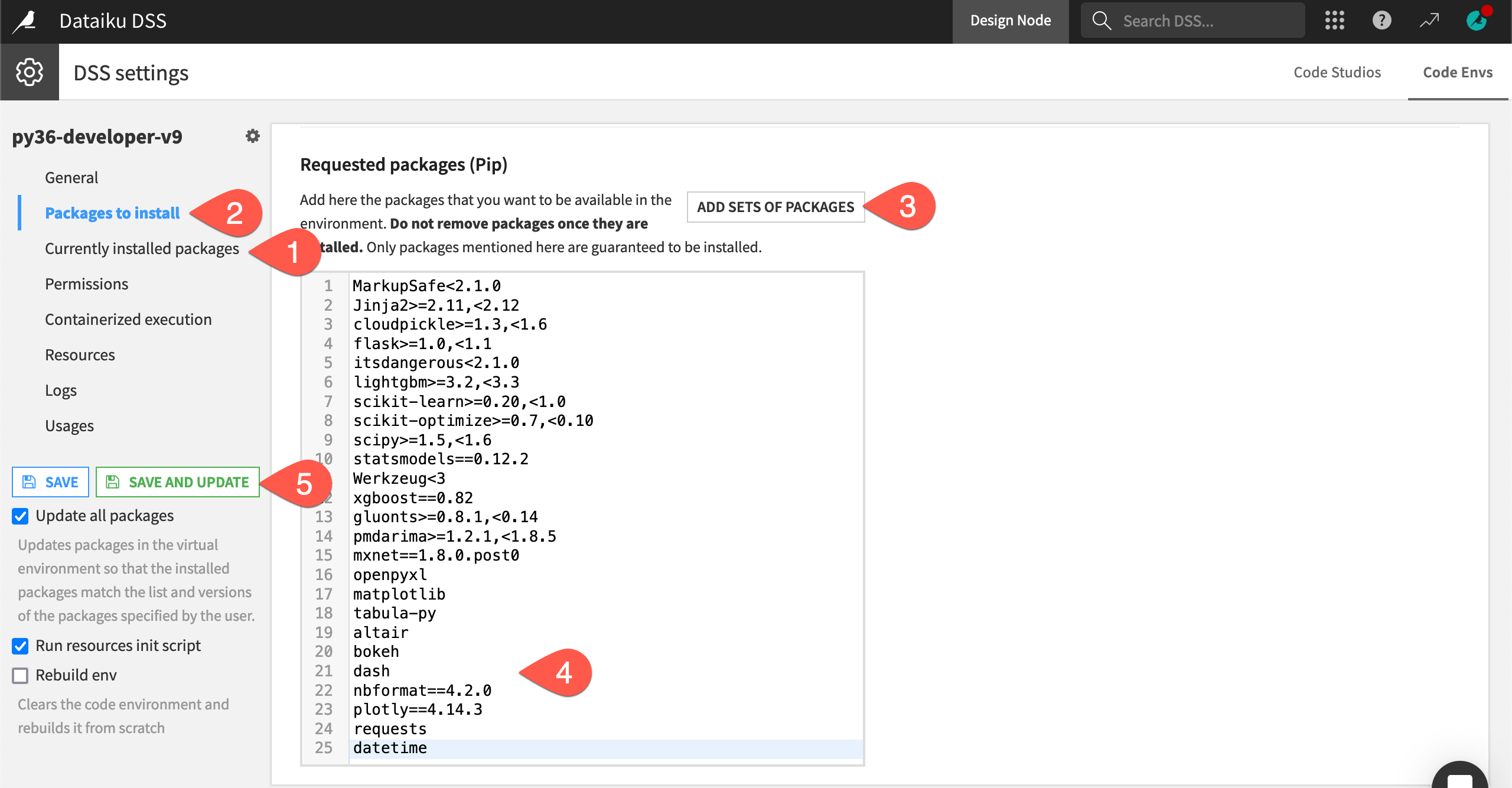 Dataiku screenshot of the packages to install page of a code env.