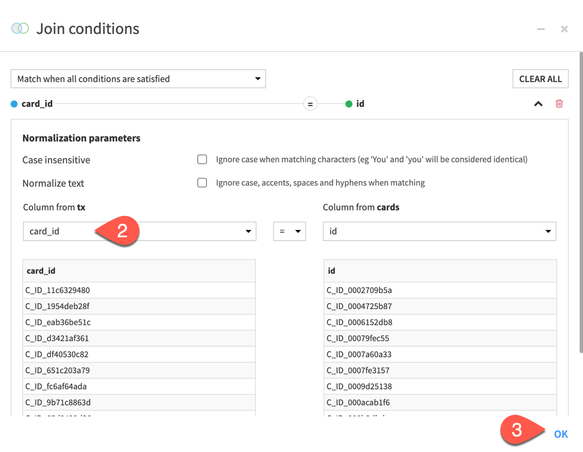 Dataiku screenshot of the Join conditions dialog box in the Join recipe.