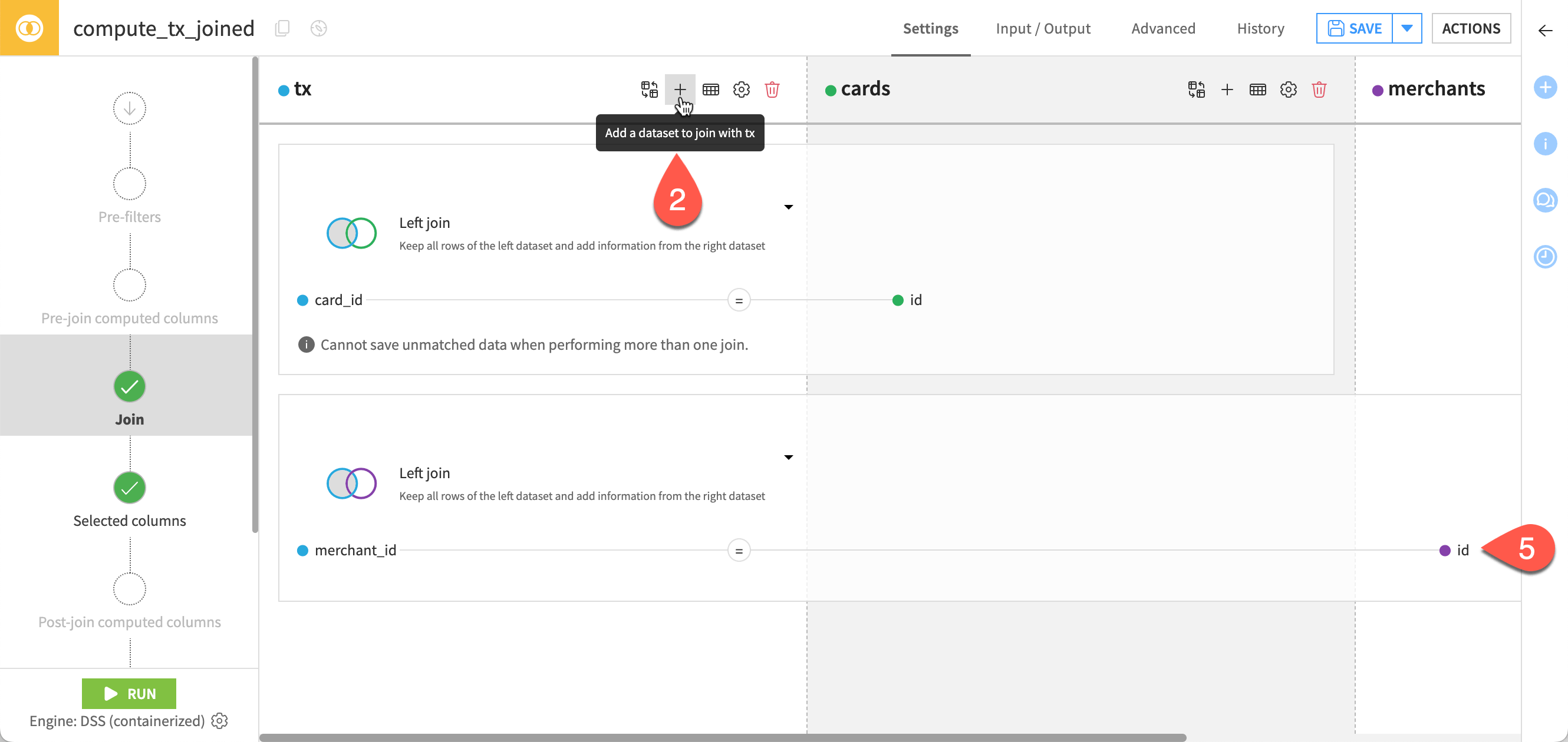 Screenshot of the Join steps with the three datasets.