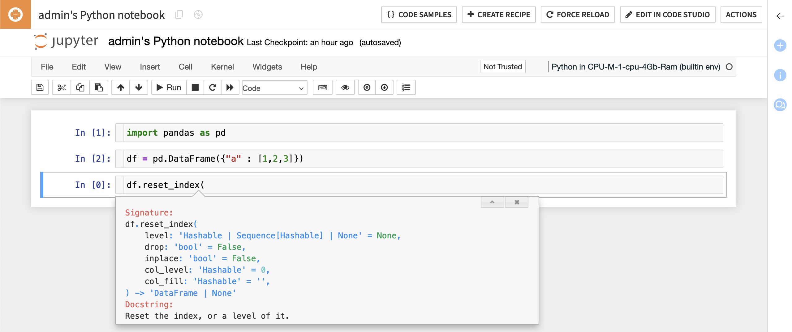 Dataiku screenshot of auto-completion in a Jupyter notebook.