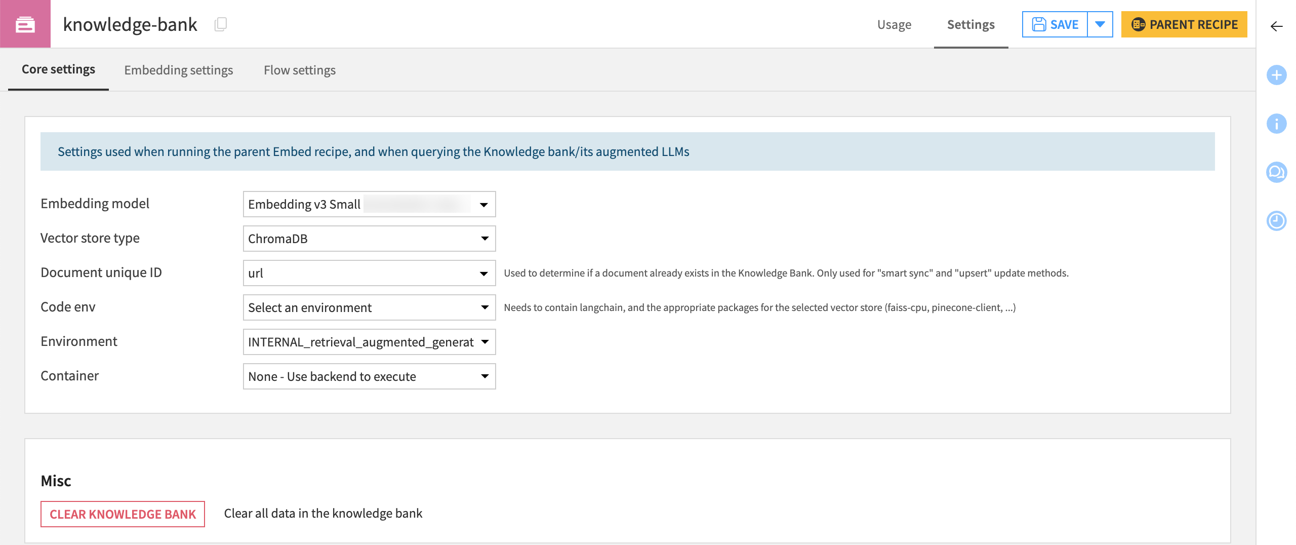 Screenshot of the Core settings tab of the knowledge bank.