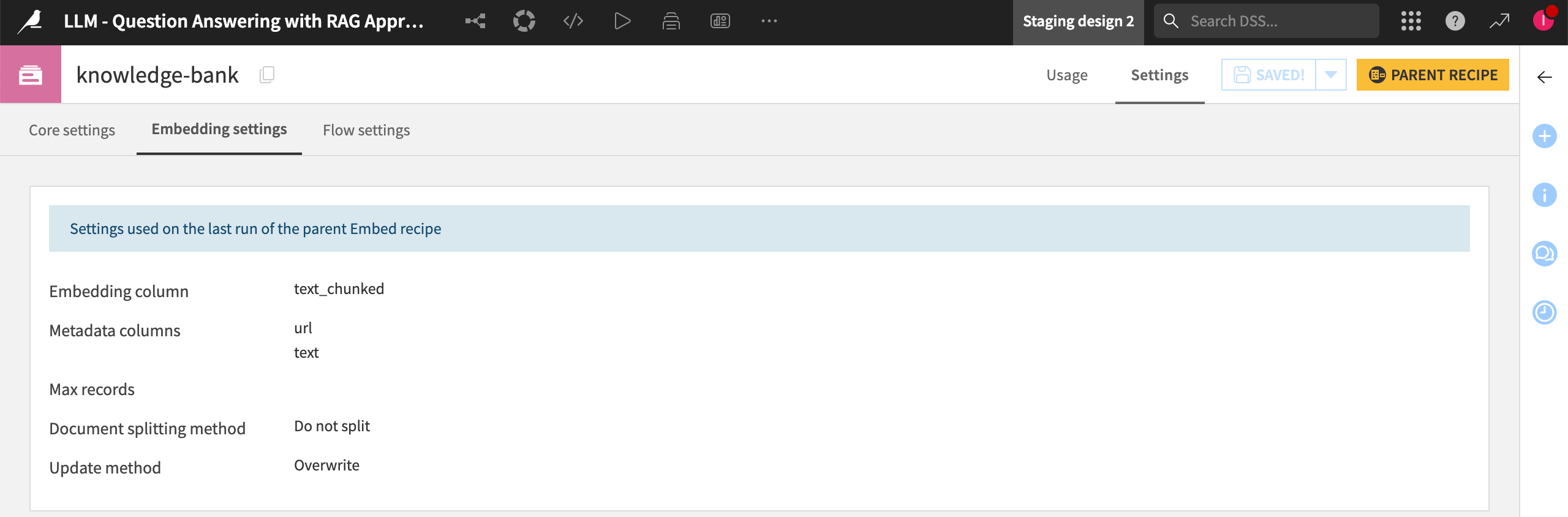 Screenshot of the Embedding settings tab of a knowledge bank.