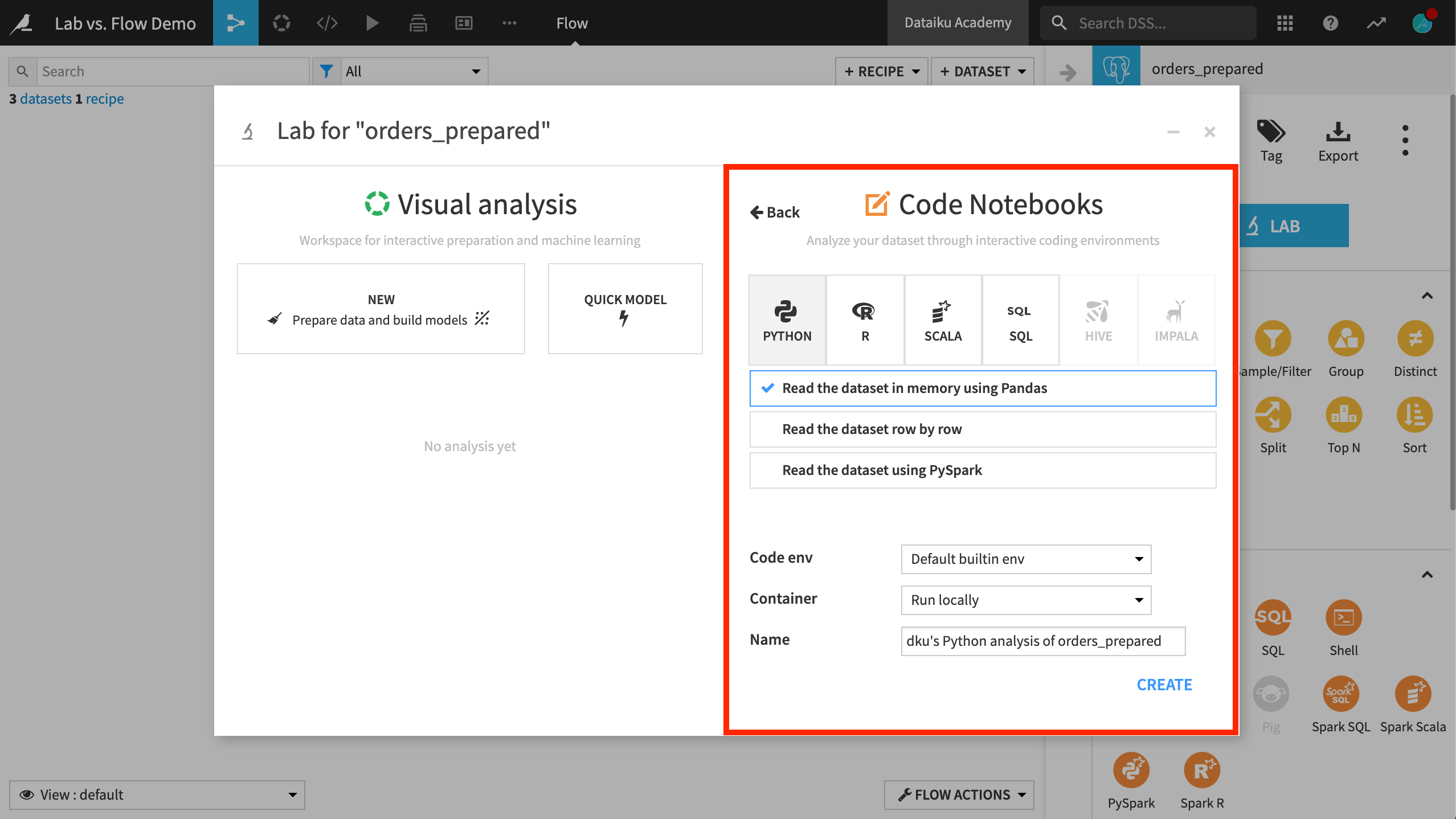 Options for creating a code notebook in the Lab.