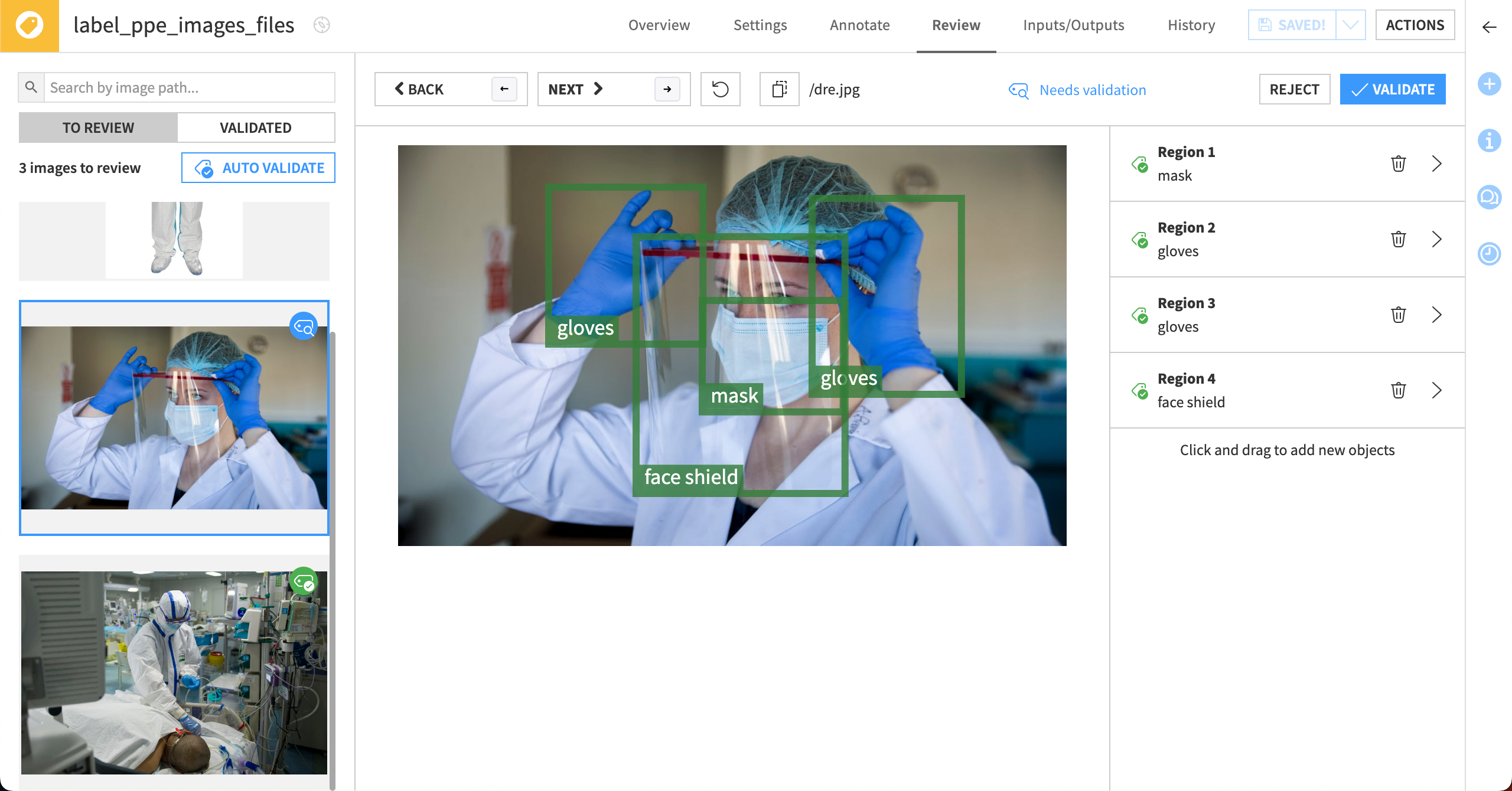 The Review screen allowing a manager to validate, change, or reject labels.