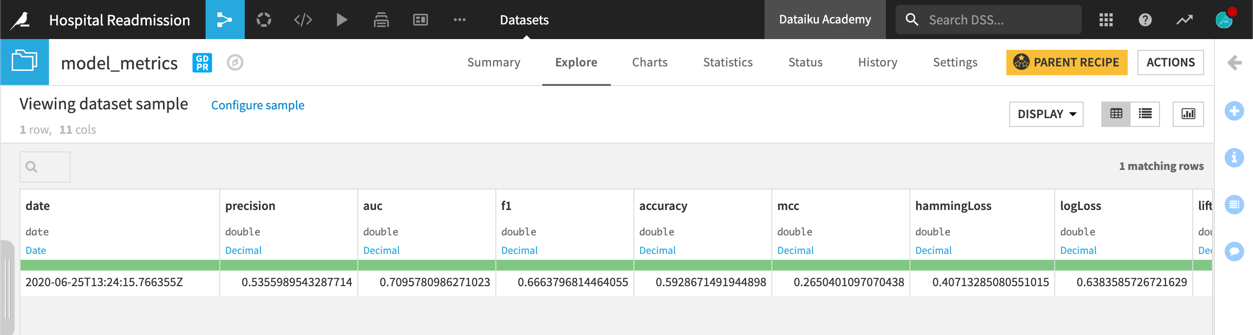 Model metrics dataset.