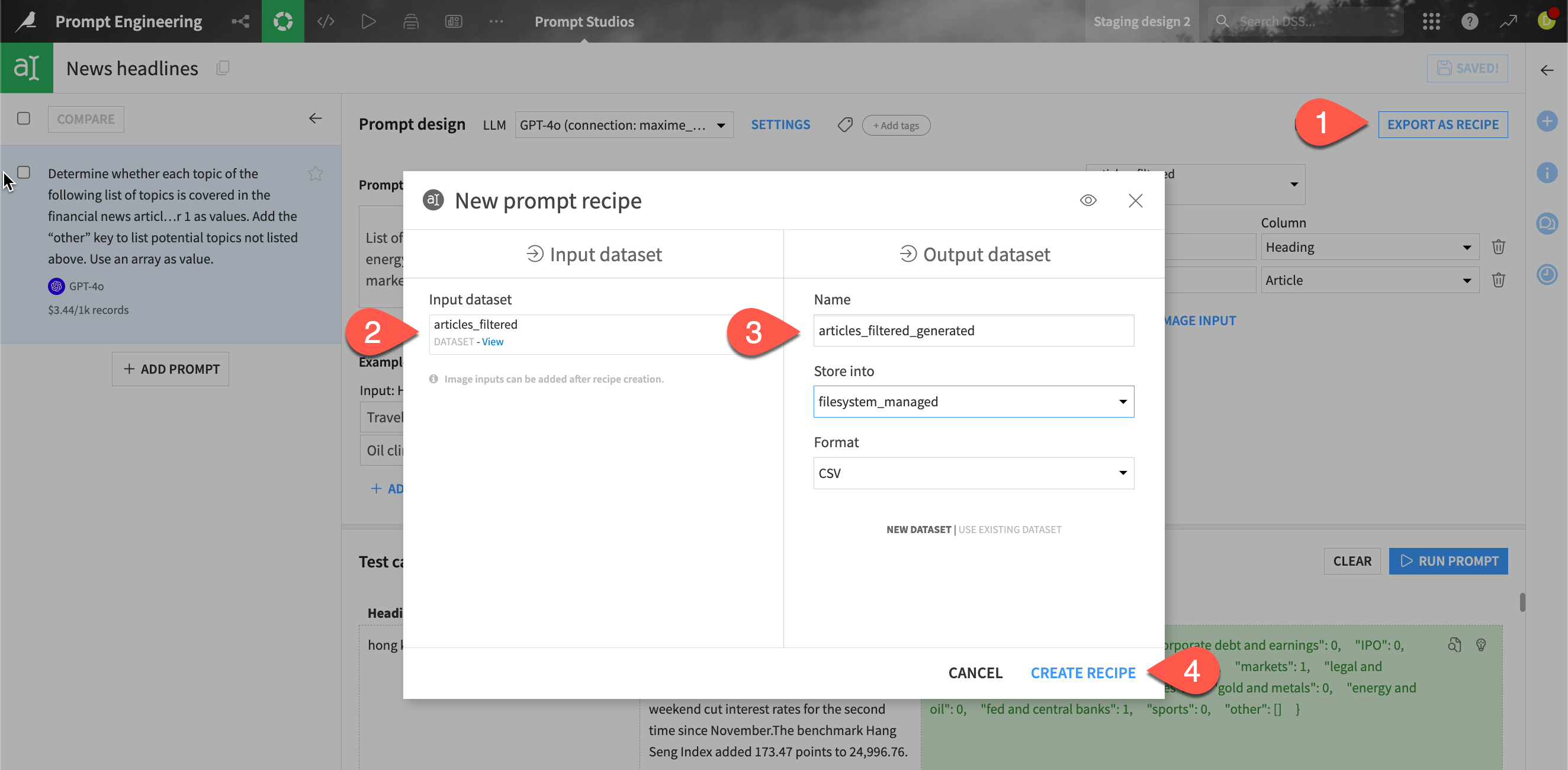 The New Prompt recipe info window.