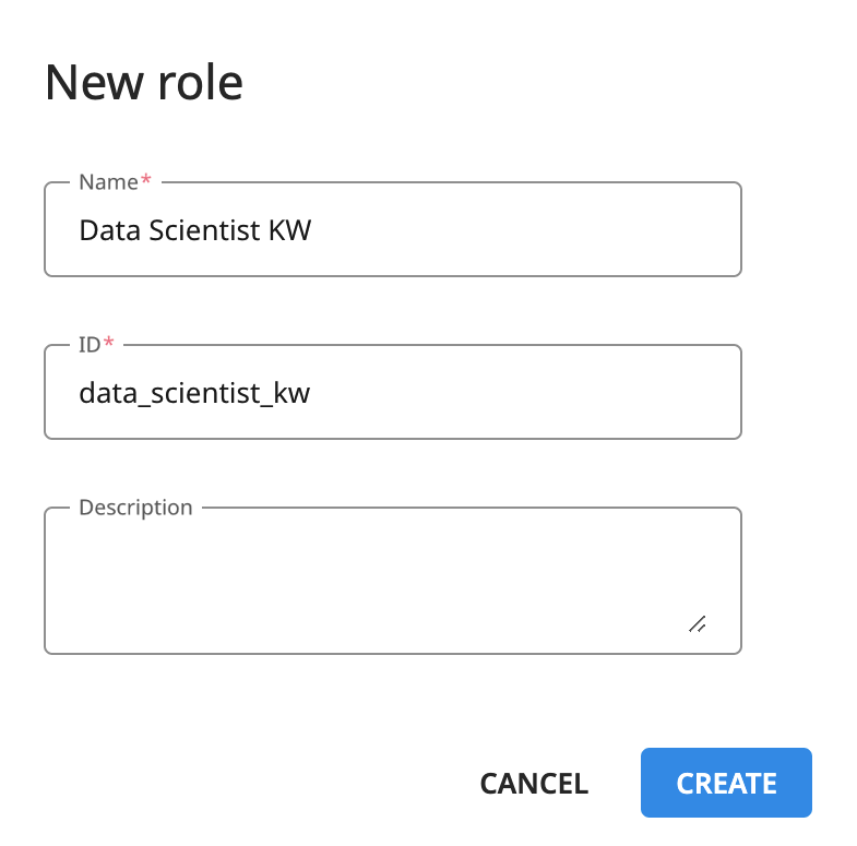 A Dataiku Govern screenshot showing the New role dialogue.