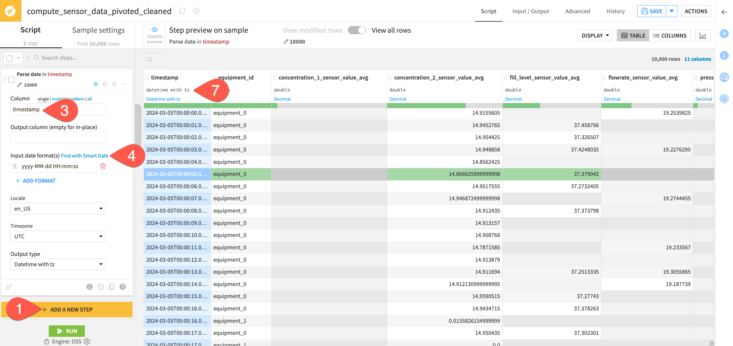 Dataiku screenshot of parsing the timestamp.