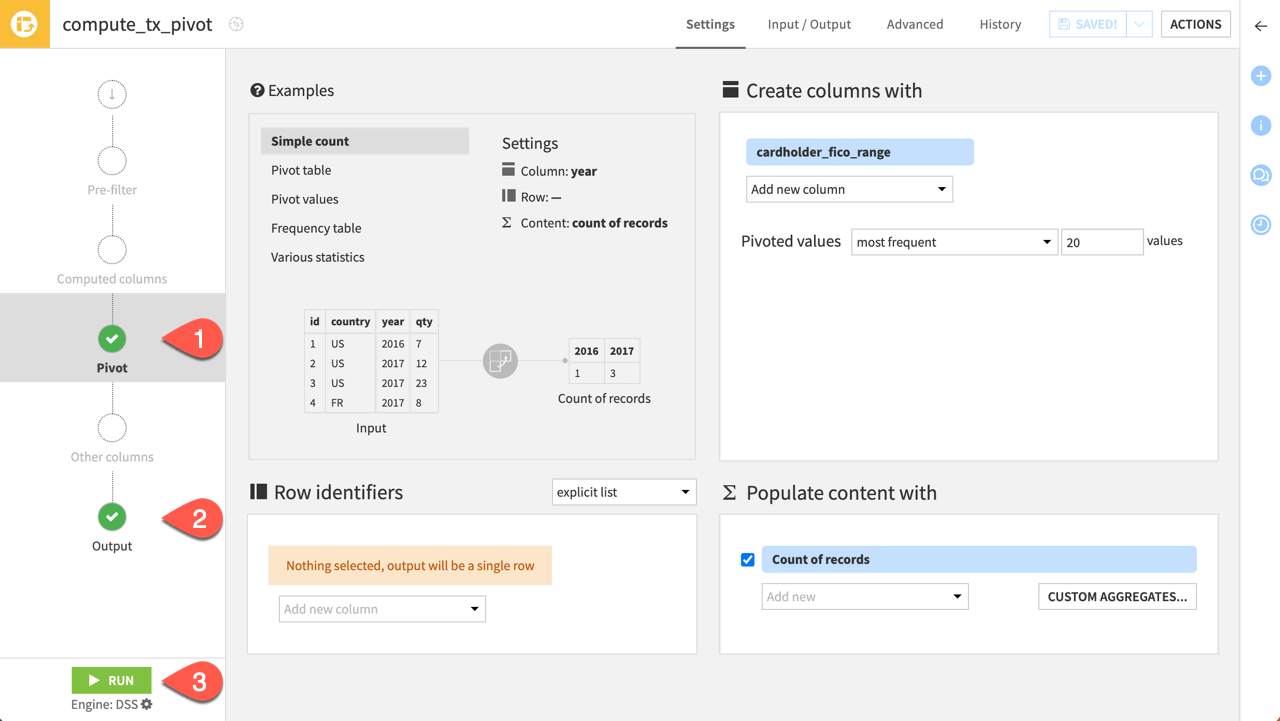 Dataiku screenshot of the Pivot step of the Pivot recipe.