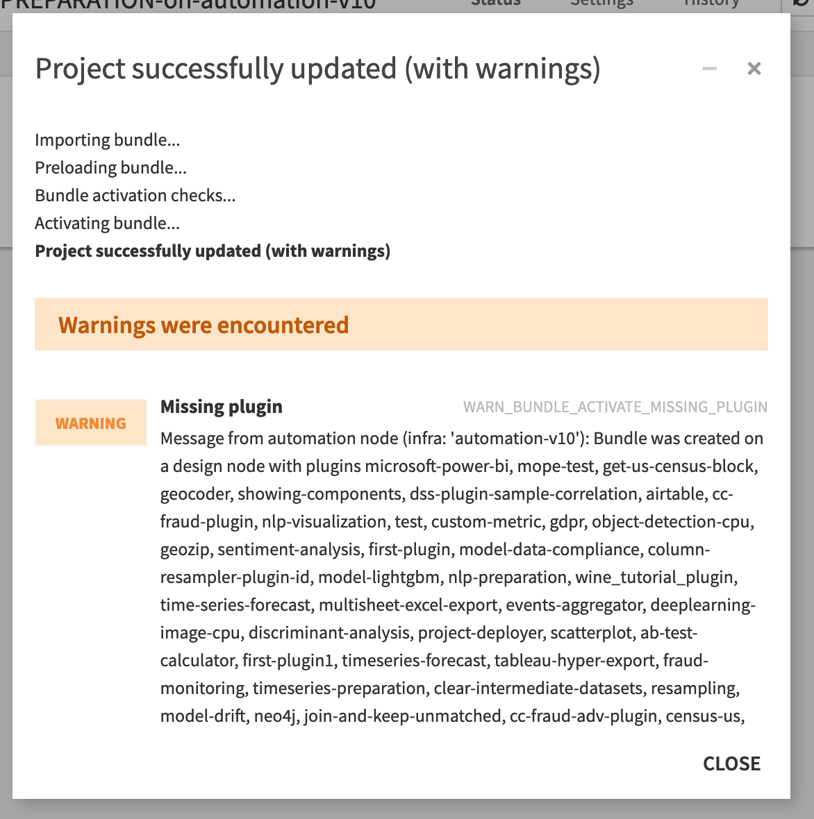 Dataiku screenshot of missing plugins on the Automation node.