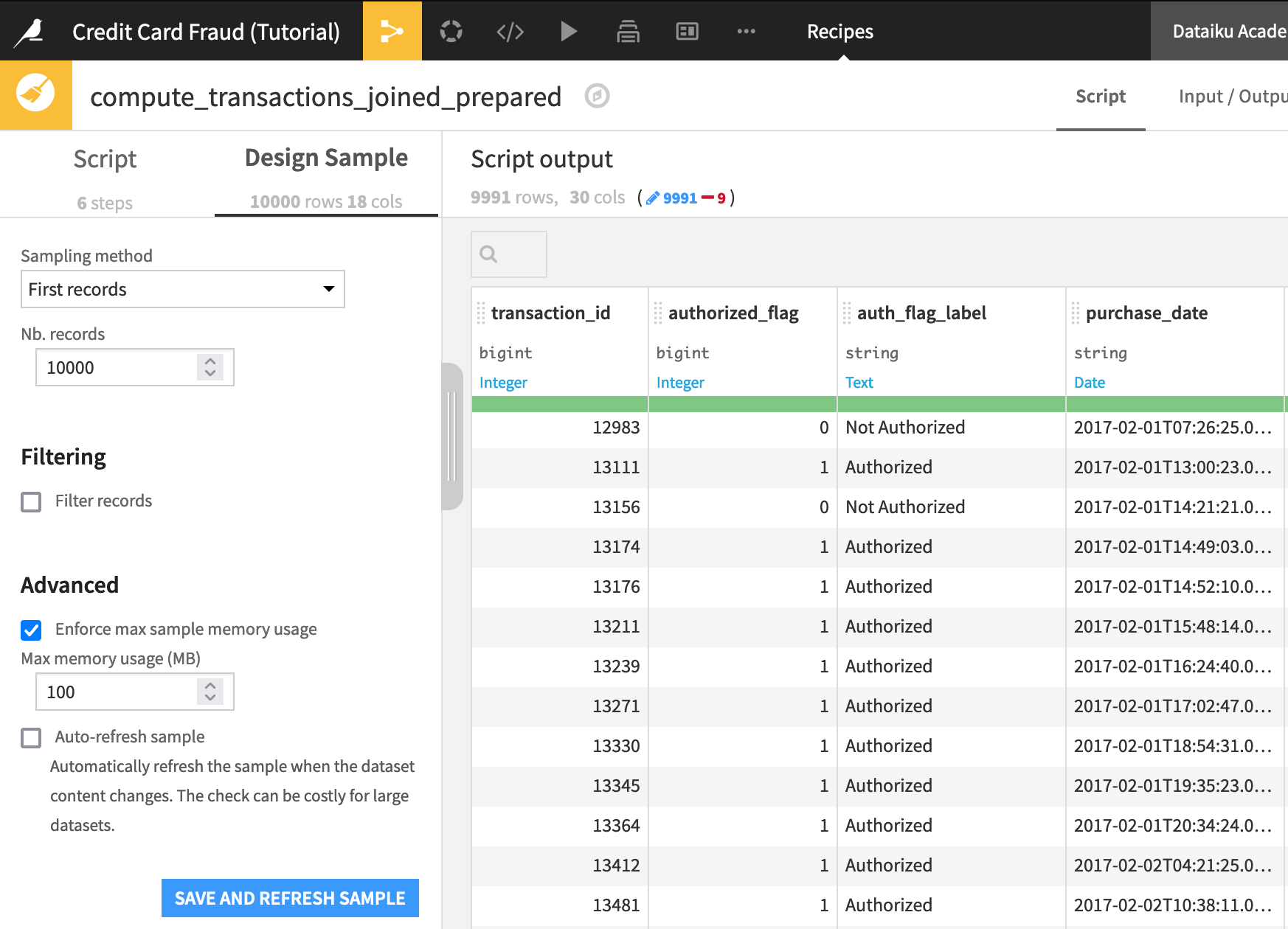Prepare recipe with Design Sample panel open.