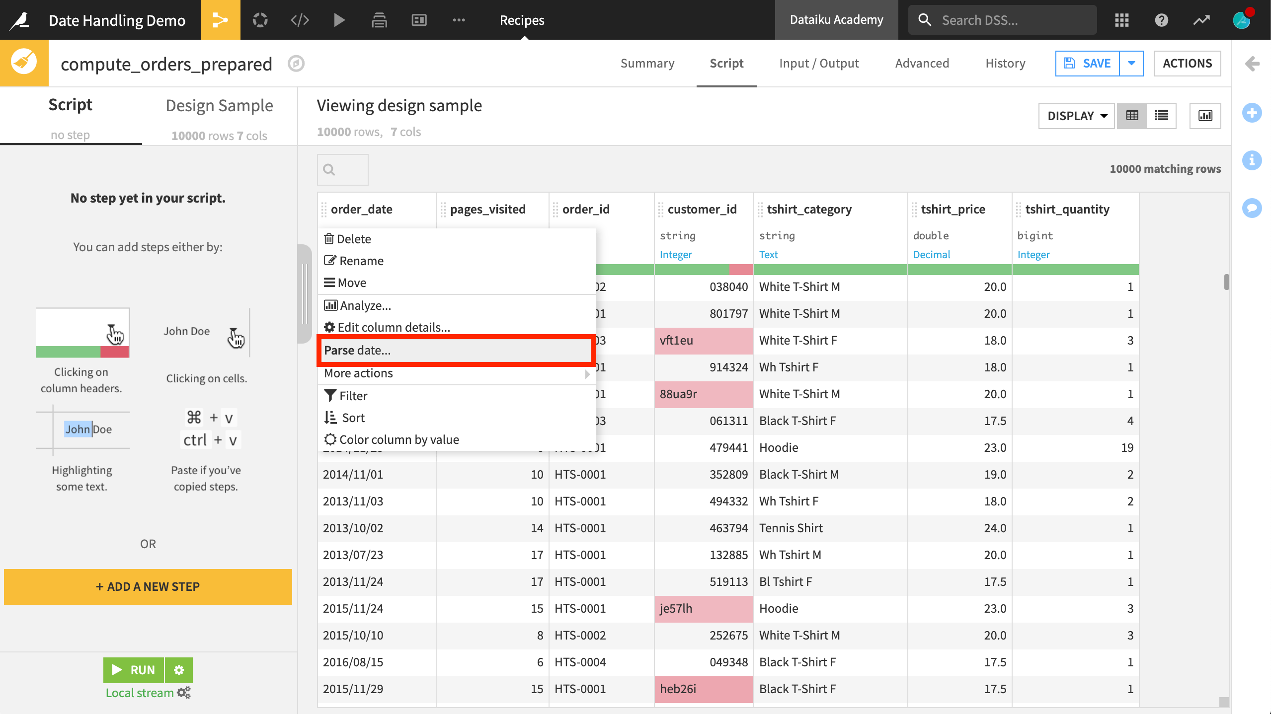 Screenshot of the context menu of a date column.