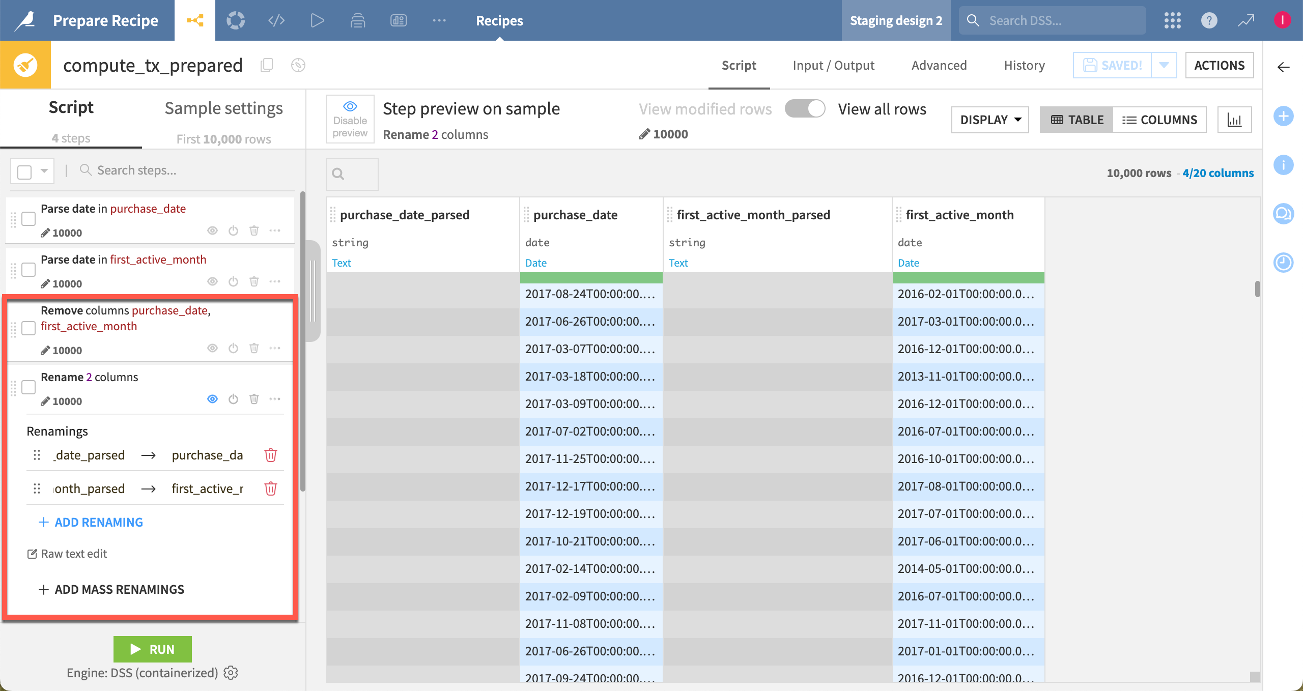 Dataiku screenshot of a Prepare recipe step parsing dates.