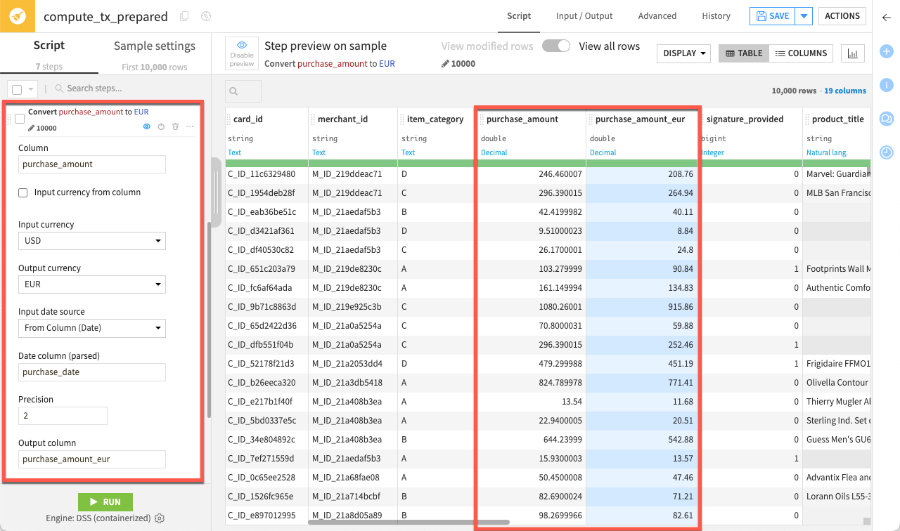 Dataiku screenshot of converting currency in a Prepare recipe.