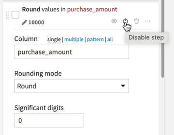 Dataiku screenshot showing how to disable a step in a Prepare recipe.