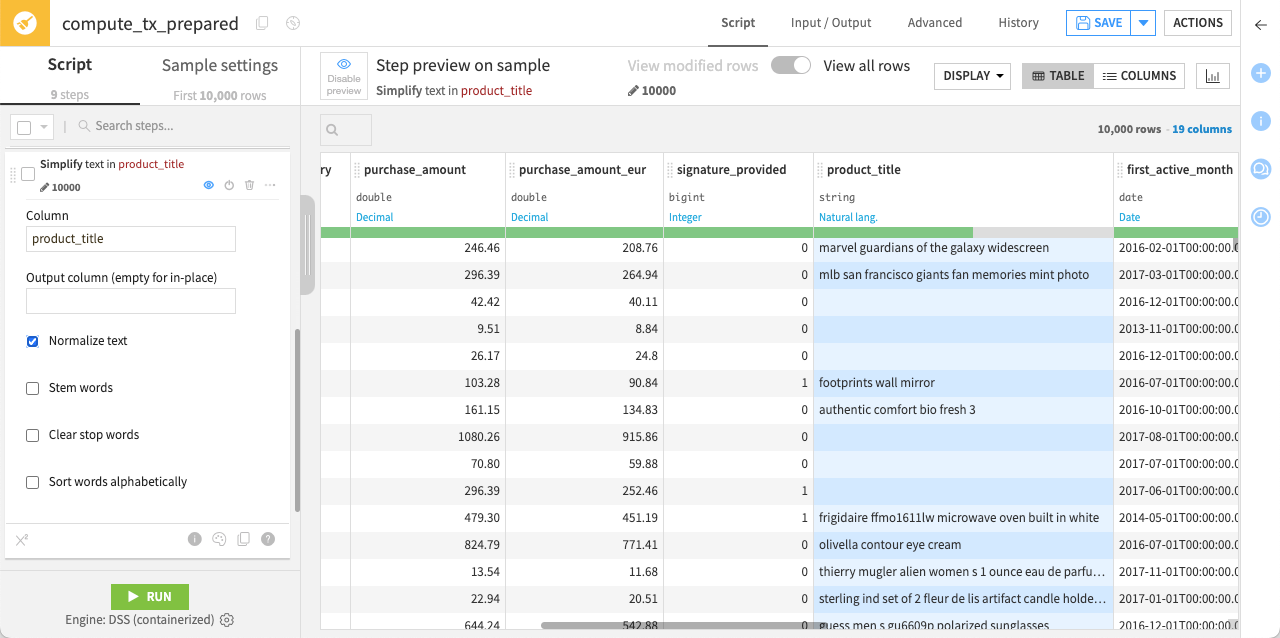 Dataiku screenshot of the Simplify text step in a visual analysis.