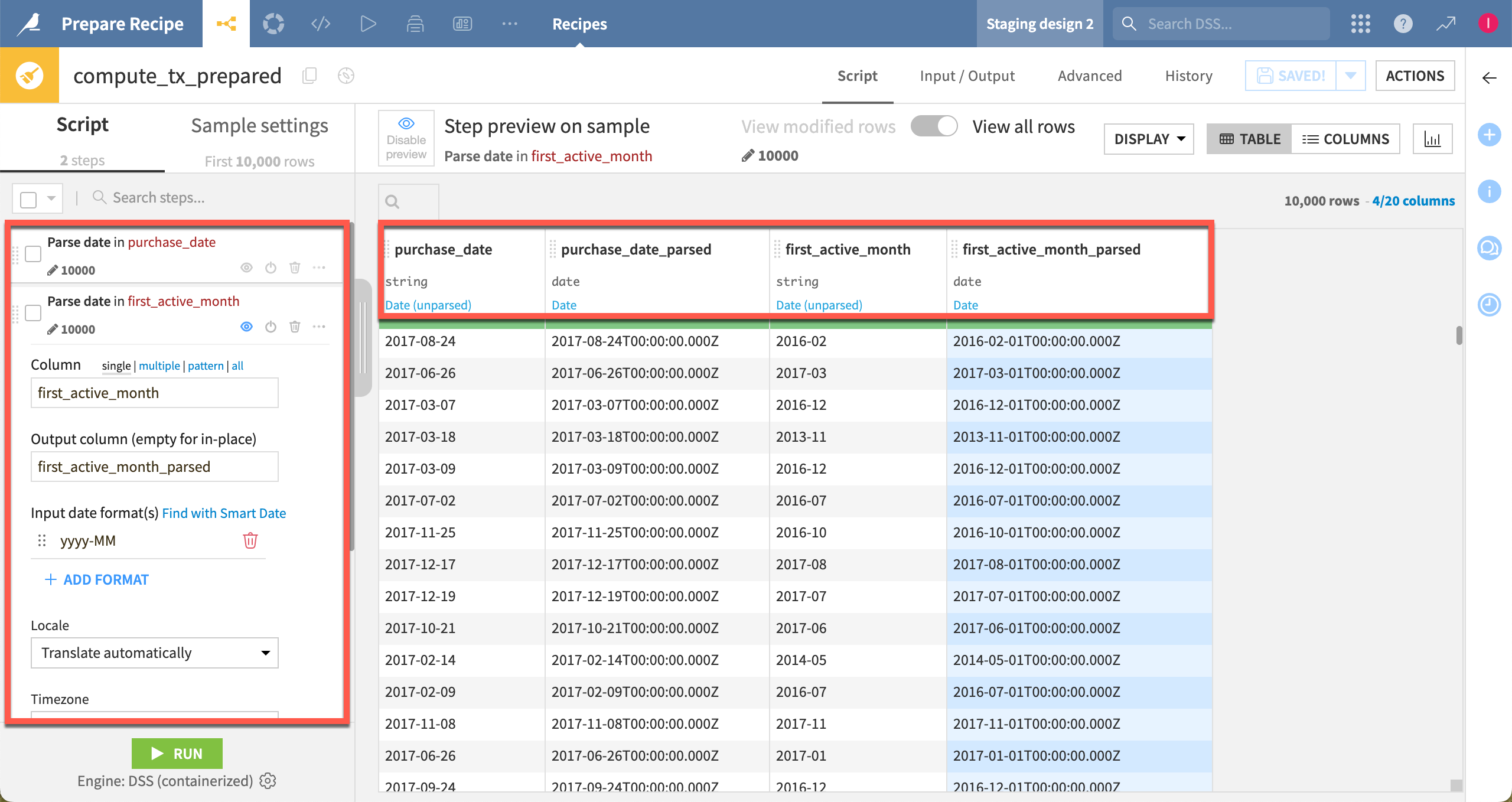 Dataiku screenshot of a Prepare recipe step parsing dates.