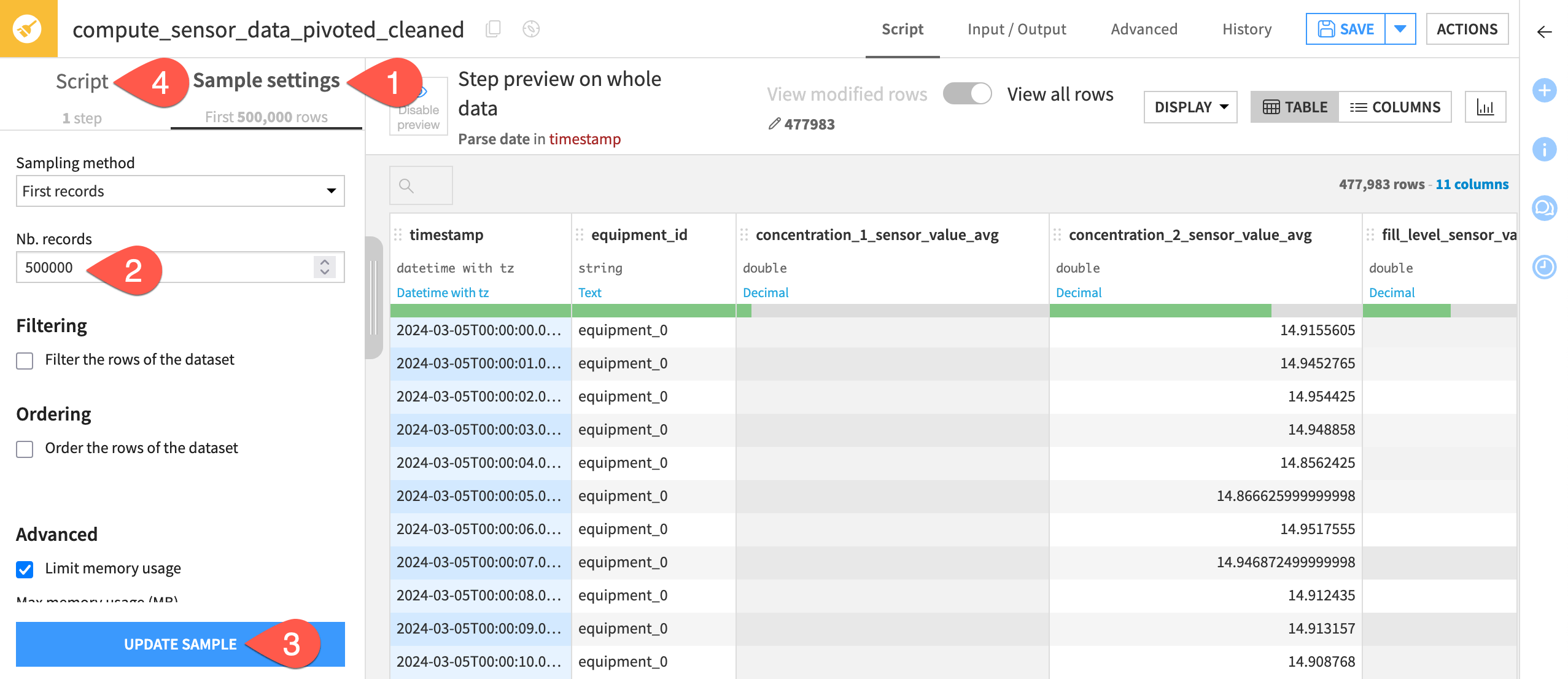 Dataiku screenshot of sample settings in the Prepare recipe.