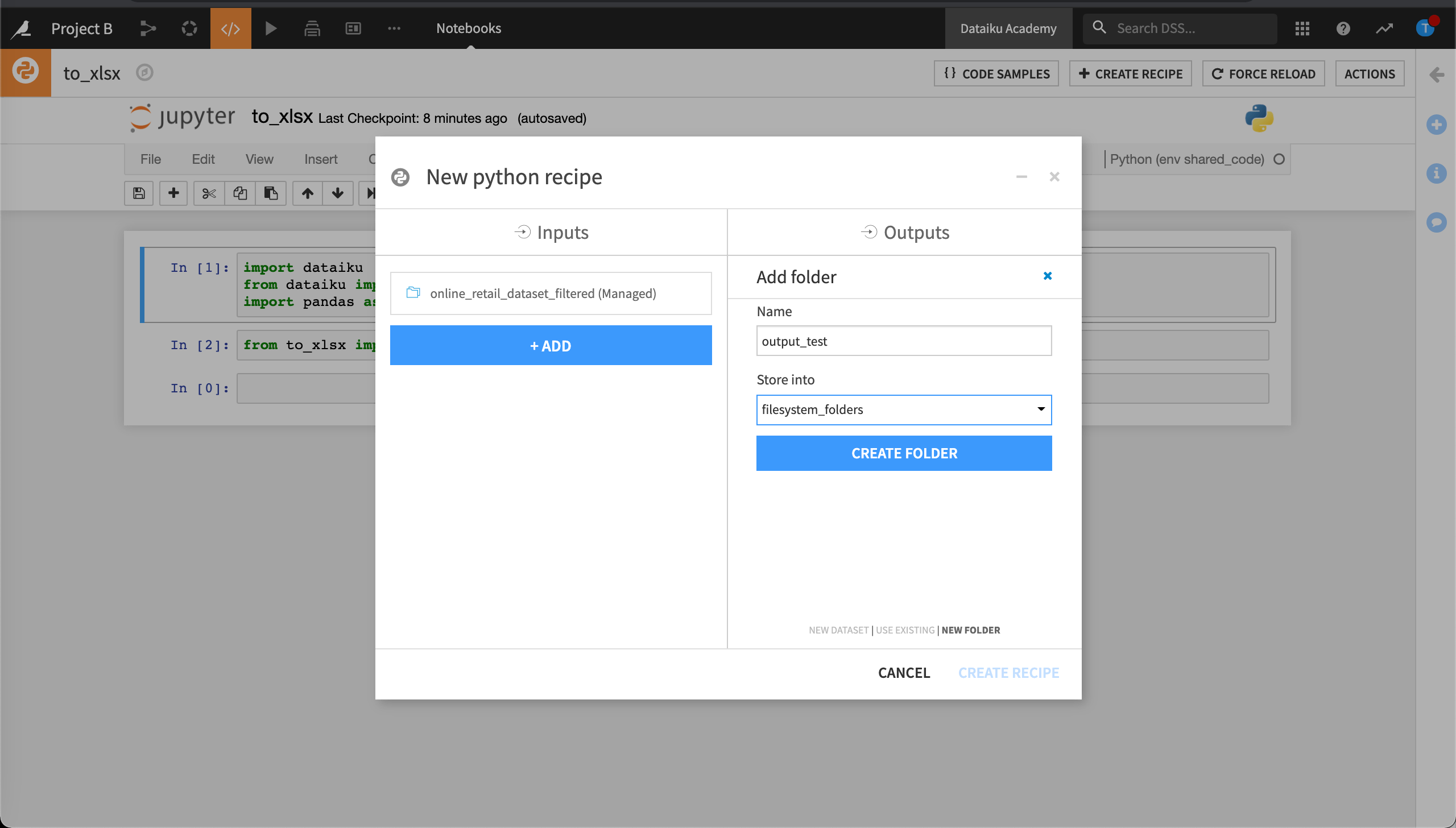 Screenshot of the Python recipe configuration.