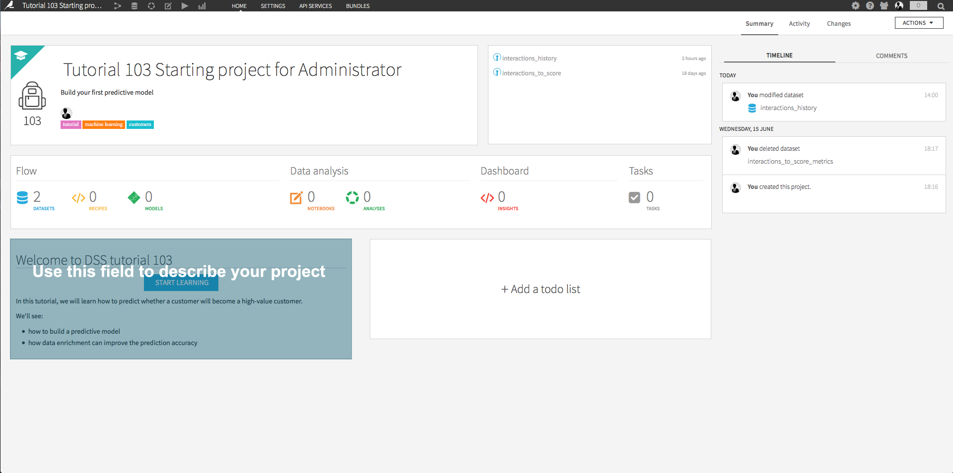 The project homepage with the description area outlined.