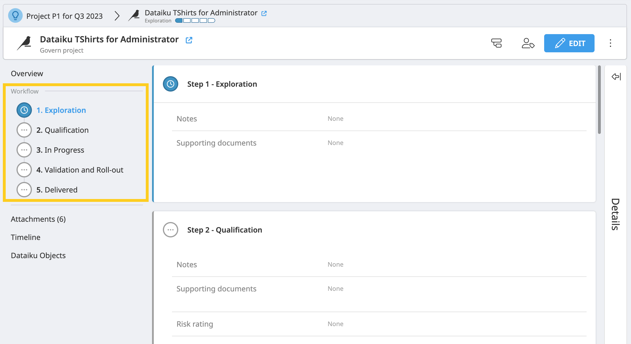 Dataiku Govern screenshot highlighting the Workflow section in the left panel of a project.