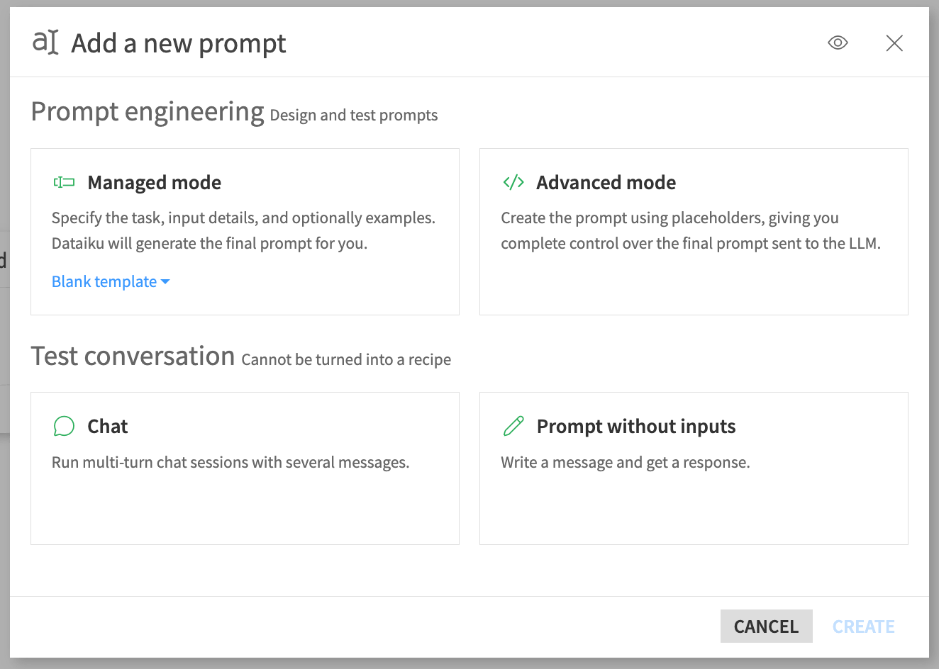 The new prompt info window where you choose the mode to write your prompt in.