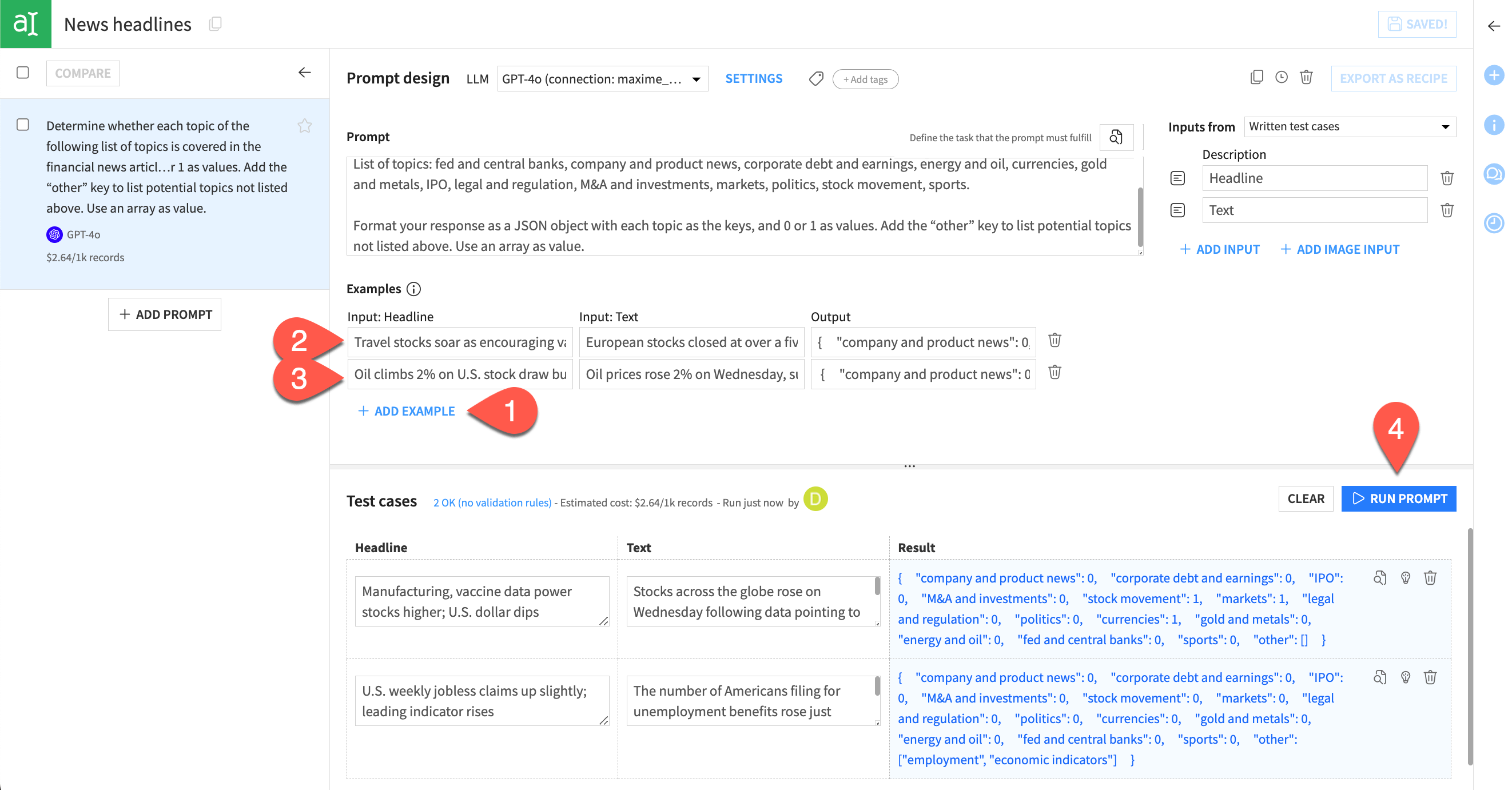Screenshot of the final prompt with examples and results from test cases.