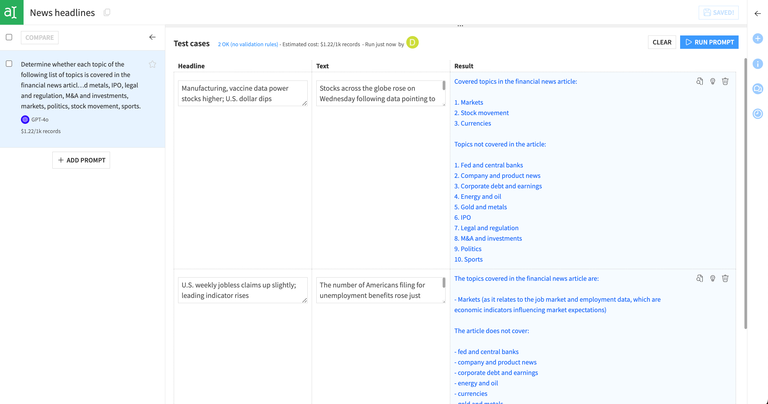 Screenshot of the prompt design, showing results from the first iteration.
