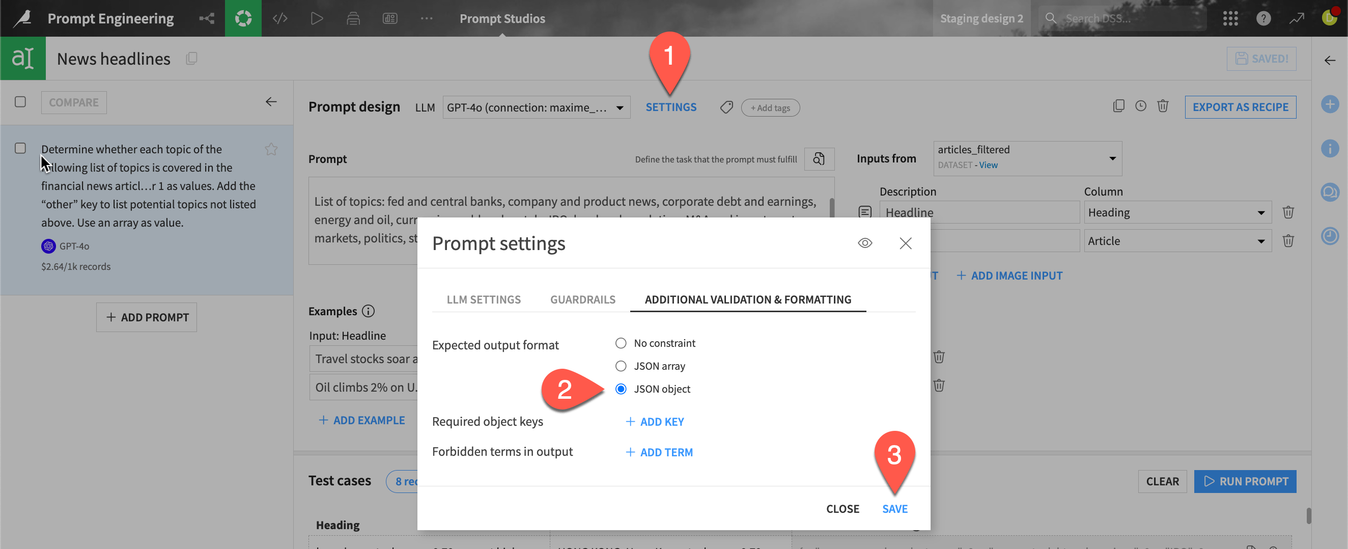 Screenshot with JSON object selected in the prompt settings.