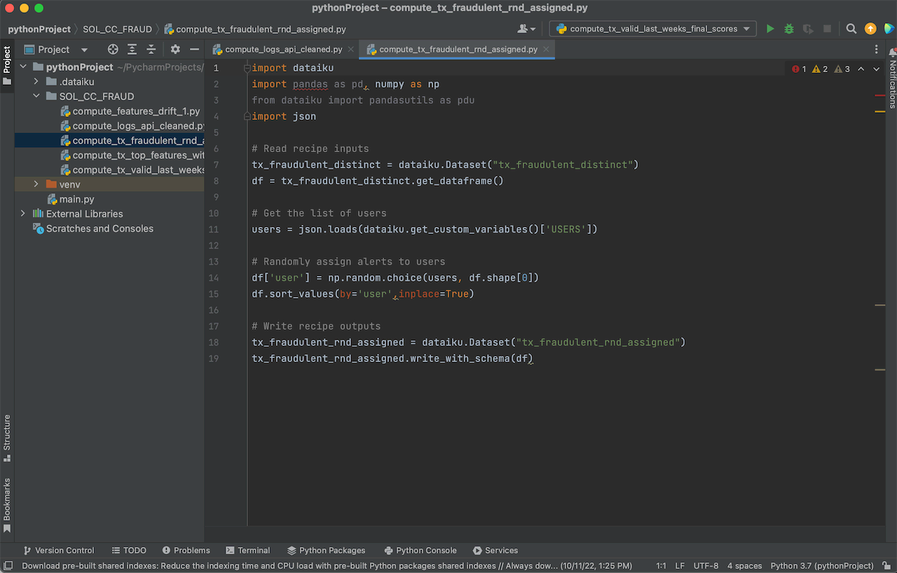 PyCharm screenshot of a Dataiku Python recipe.