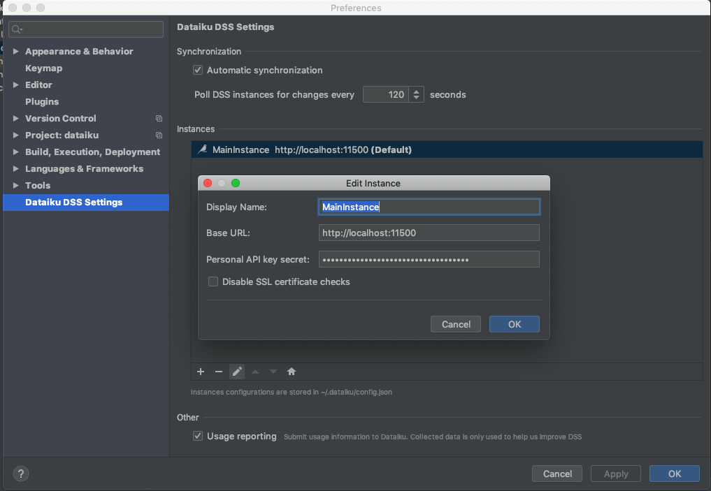 PyCharm screenshot of Dataiku plugin showing Dataiku Dataiku settings page.