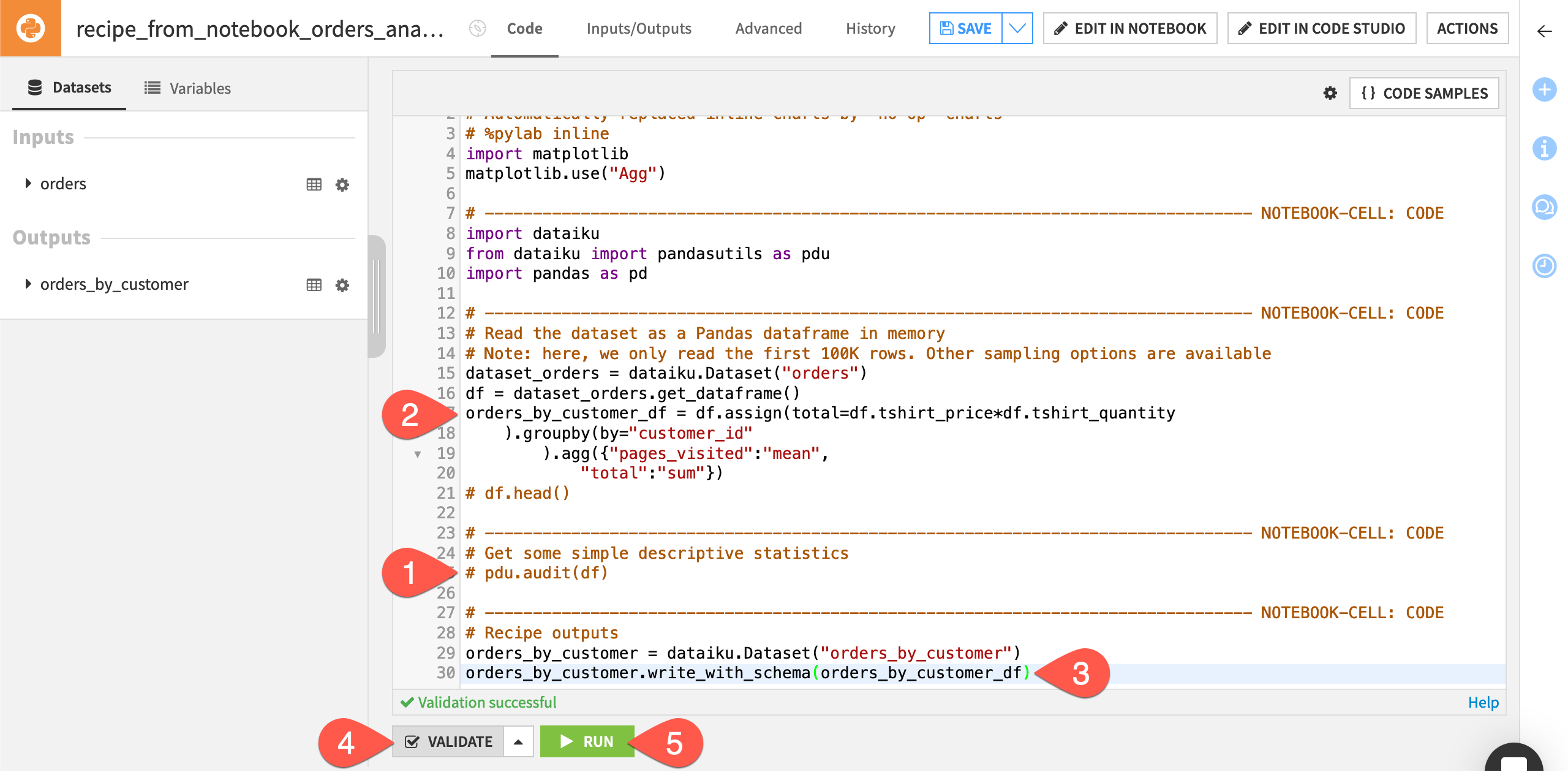 Dataiku screenshot of a Python recipe.