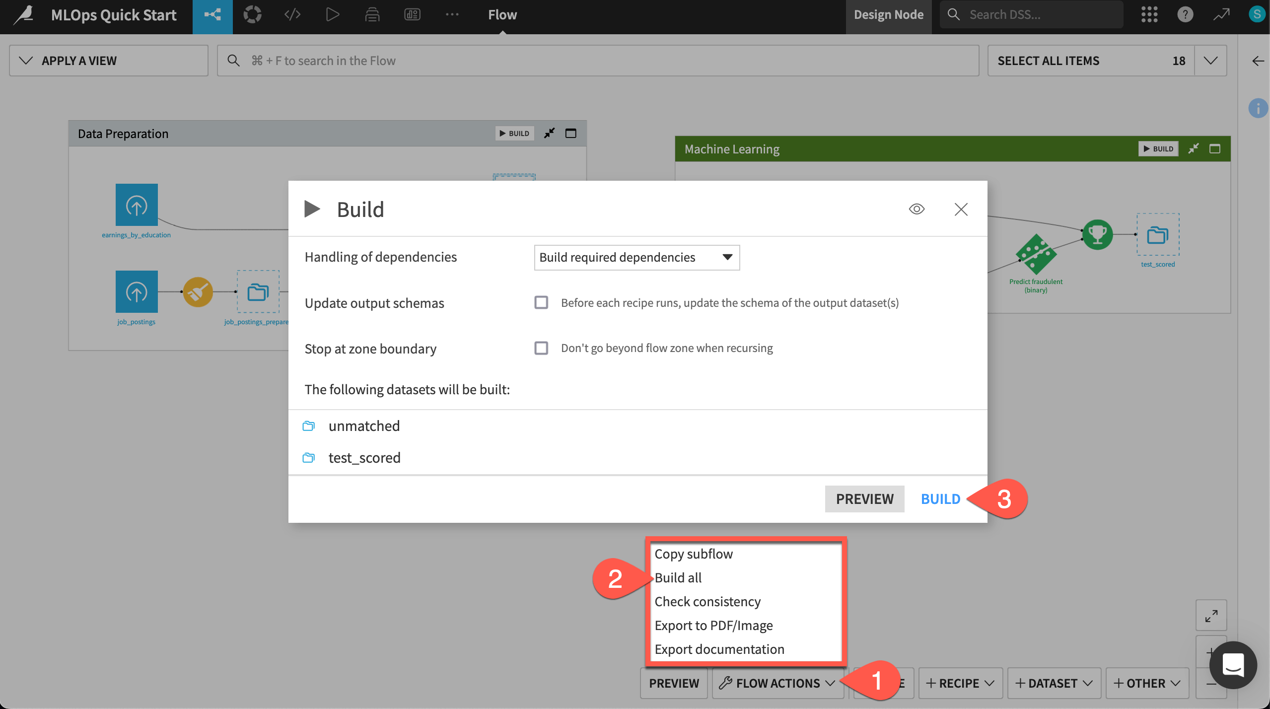 Dataiku screenshot of the dialog for building the Flow.